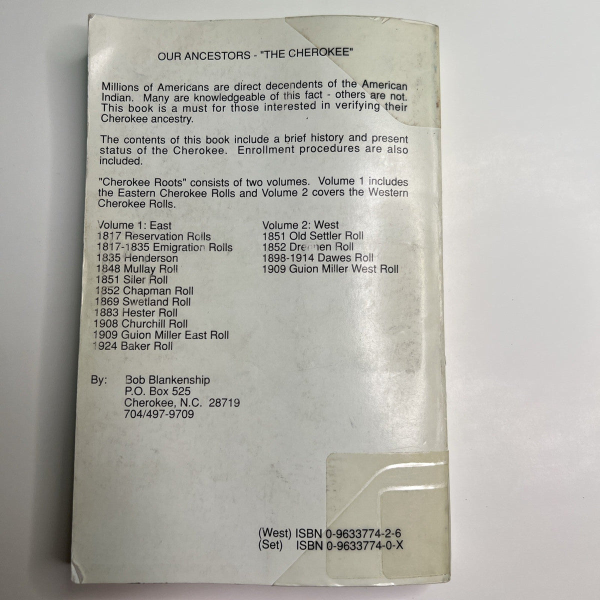 1992 PB Cherokee Roots Volume 2 Western Cherokee Rolls 3rd Edition 7th Printing