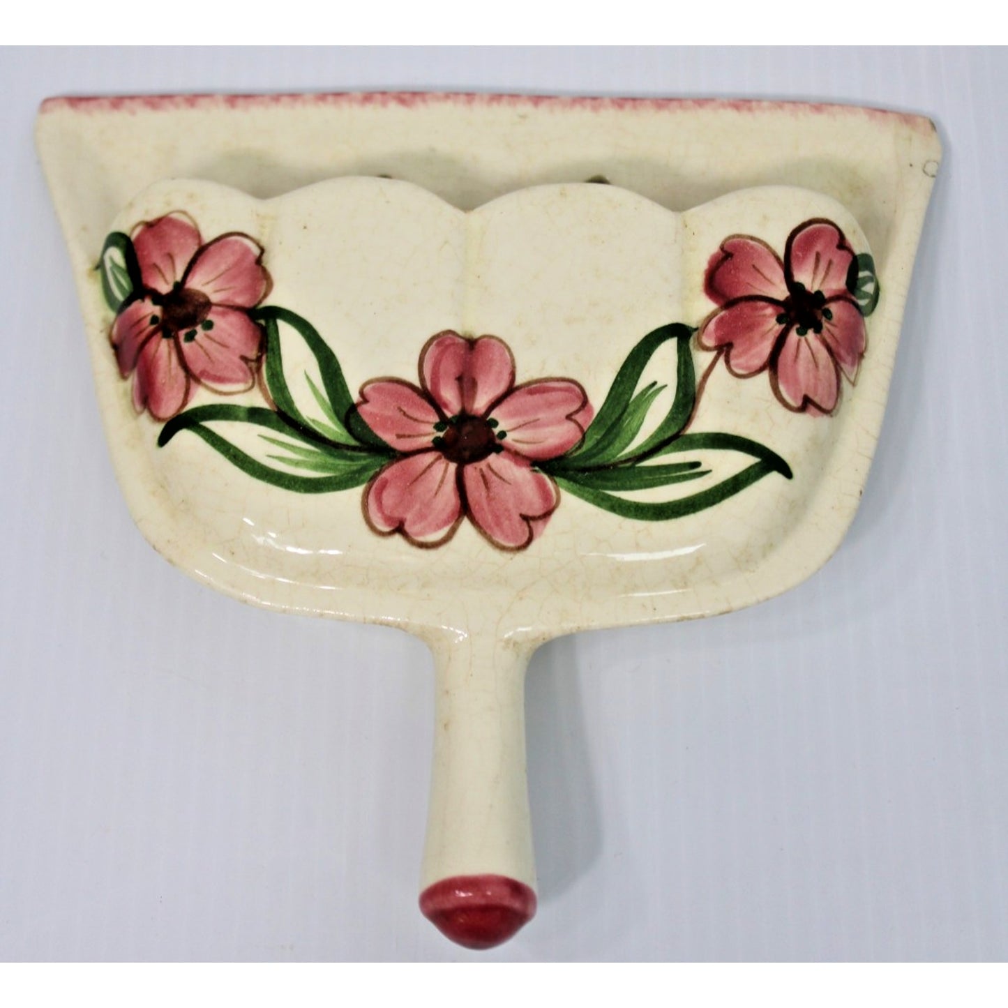Vintage Dust Pan Wall Pocket, Hand-Painted Pink Floral 8.5" Cottage Grandma Chic
