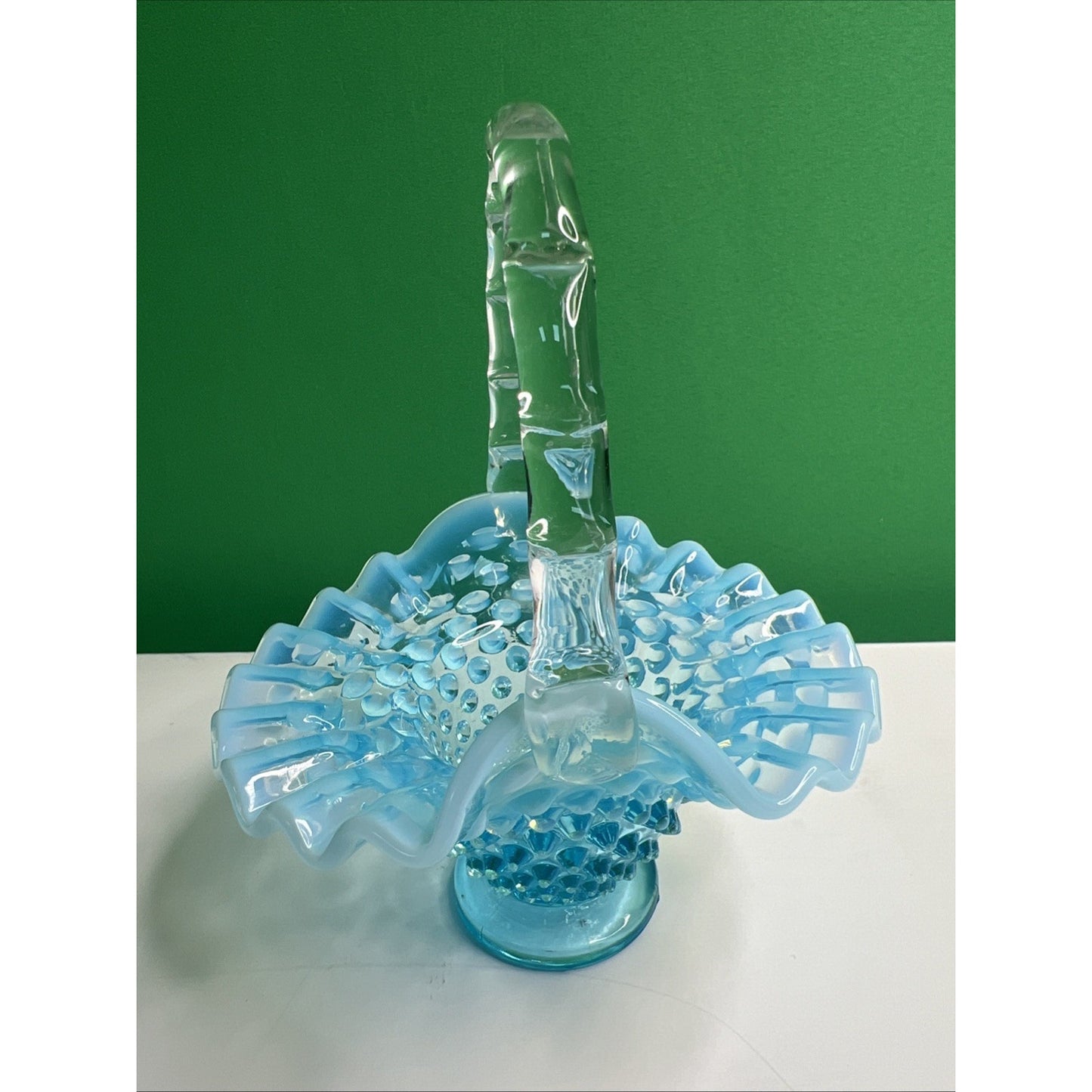 Vintage Fenton Blue Opalescent Hobnail Basket Ruffled Glass with Handle 6” Tall
