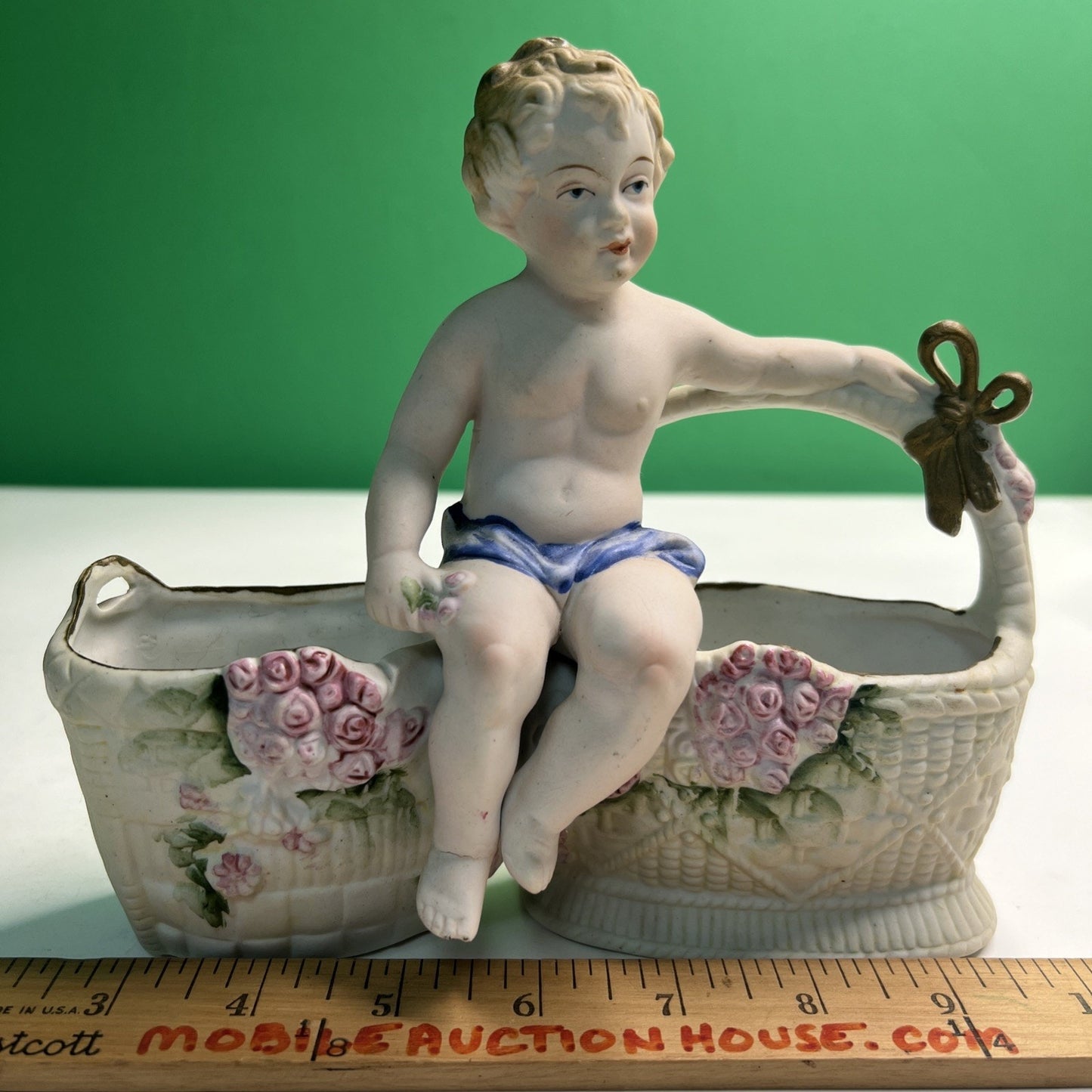 Antique Hal Sey Fifth Ave Cherub Bisque Figural Double Planter