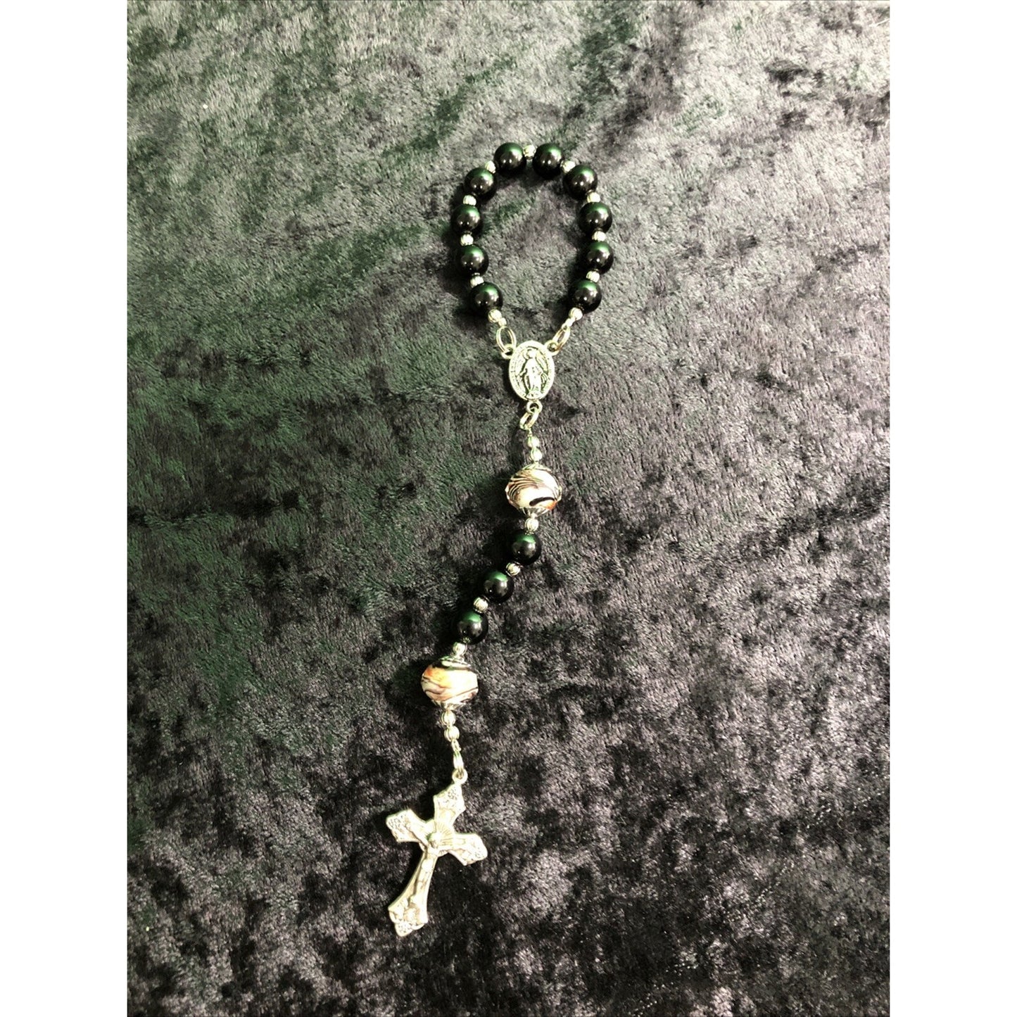 Small Auto Pocket Rosary Glass Beads Italian Charm Cross 7” Long