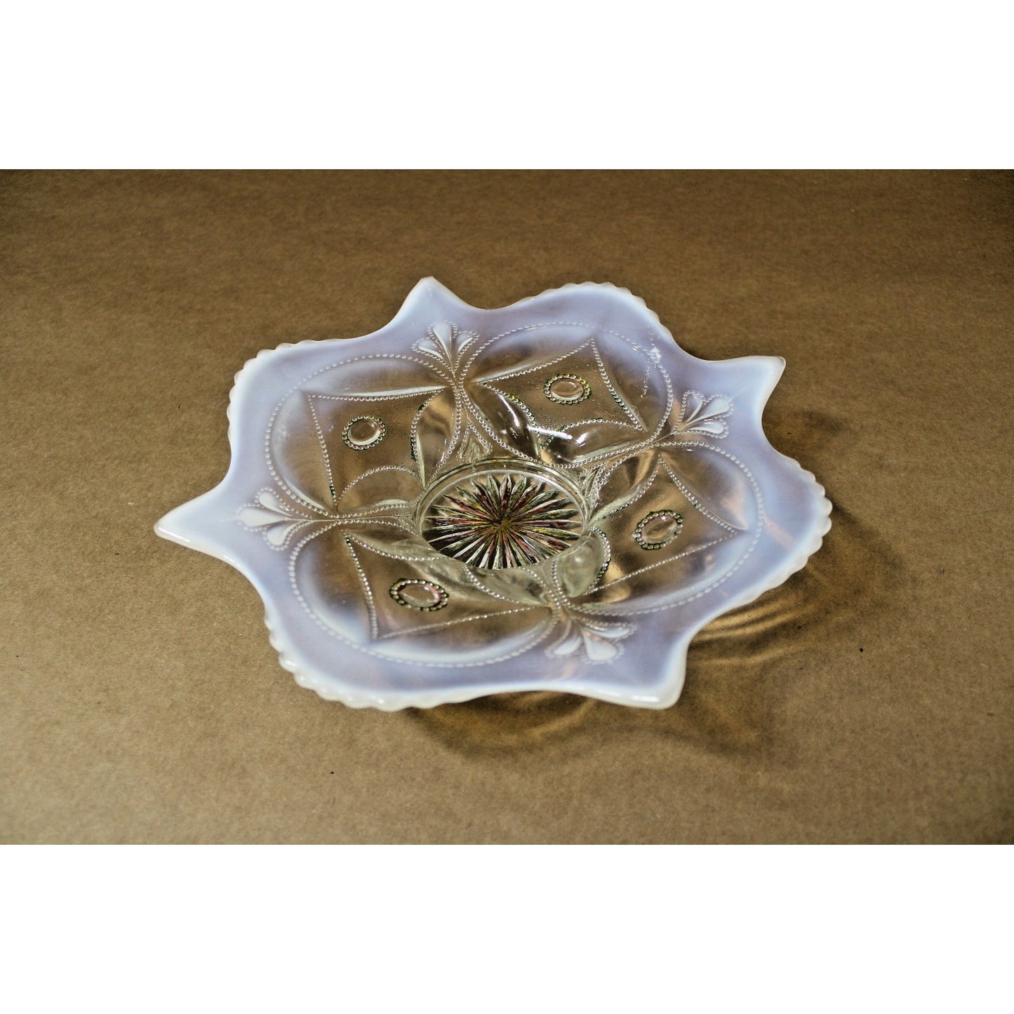 Antique Dugan Glass Opalescent White Wheel & Block Bowl c. 1905