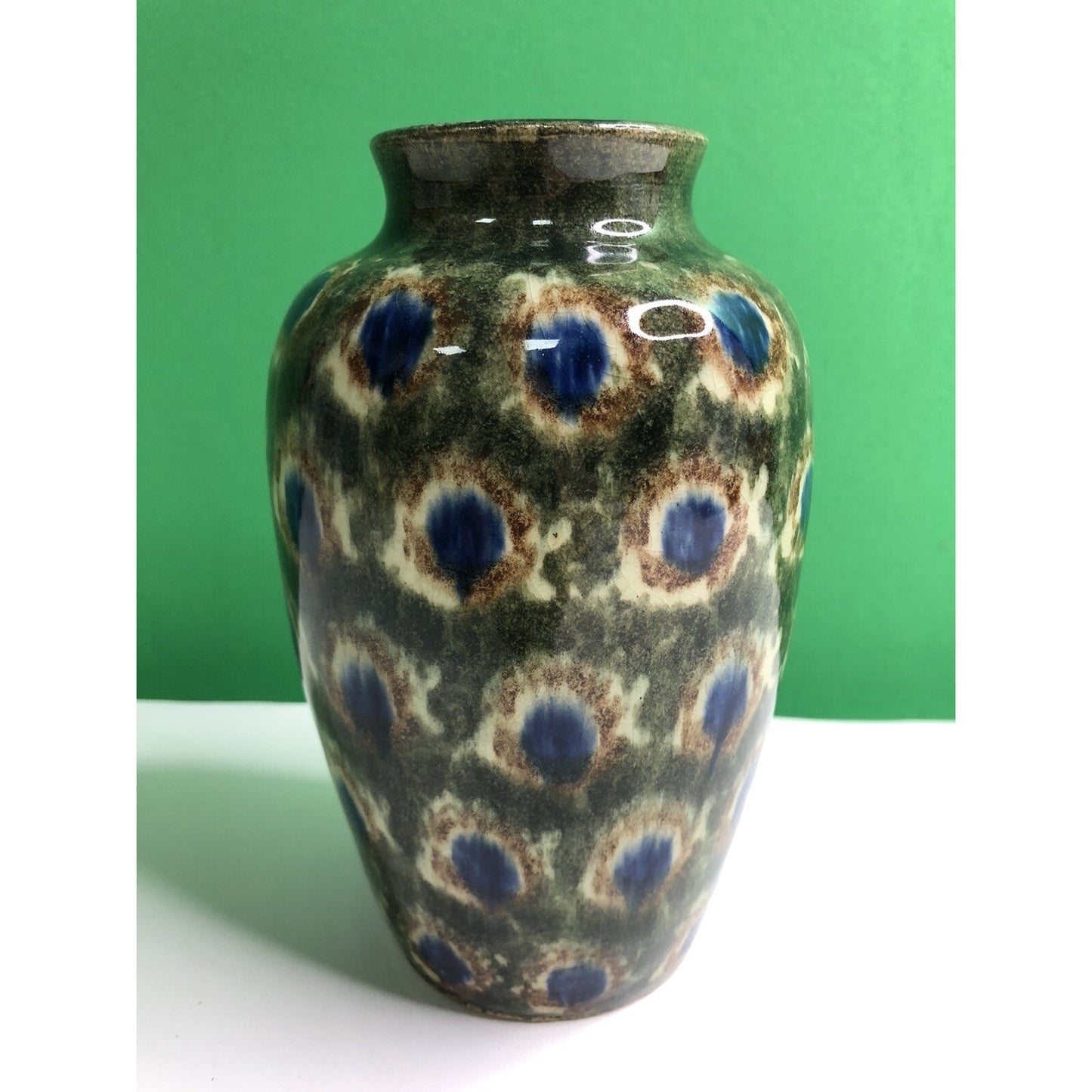 Early 1900s Antique FRIEDRICH FESTERSEN BUNZLAU PEACOCK Studio Art POTTERY VASE