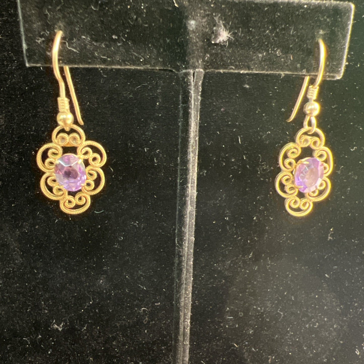 Vintage Artisan Gold Tone Purple Stone Hook Dangle Earrings French Wire