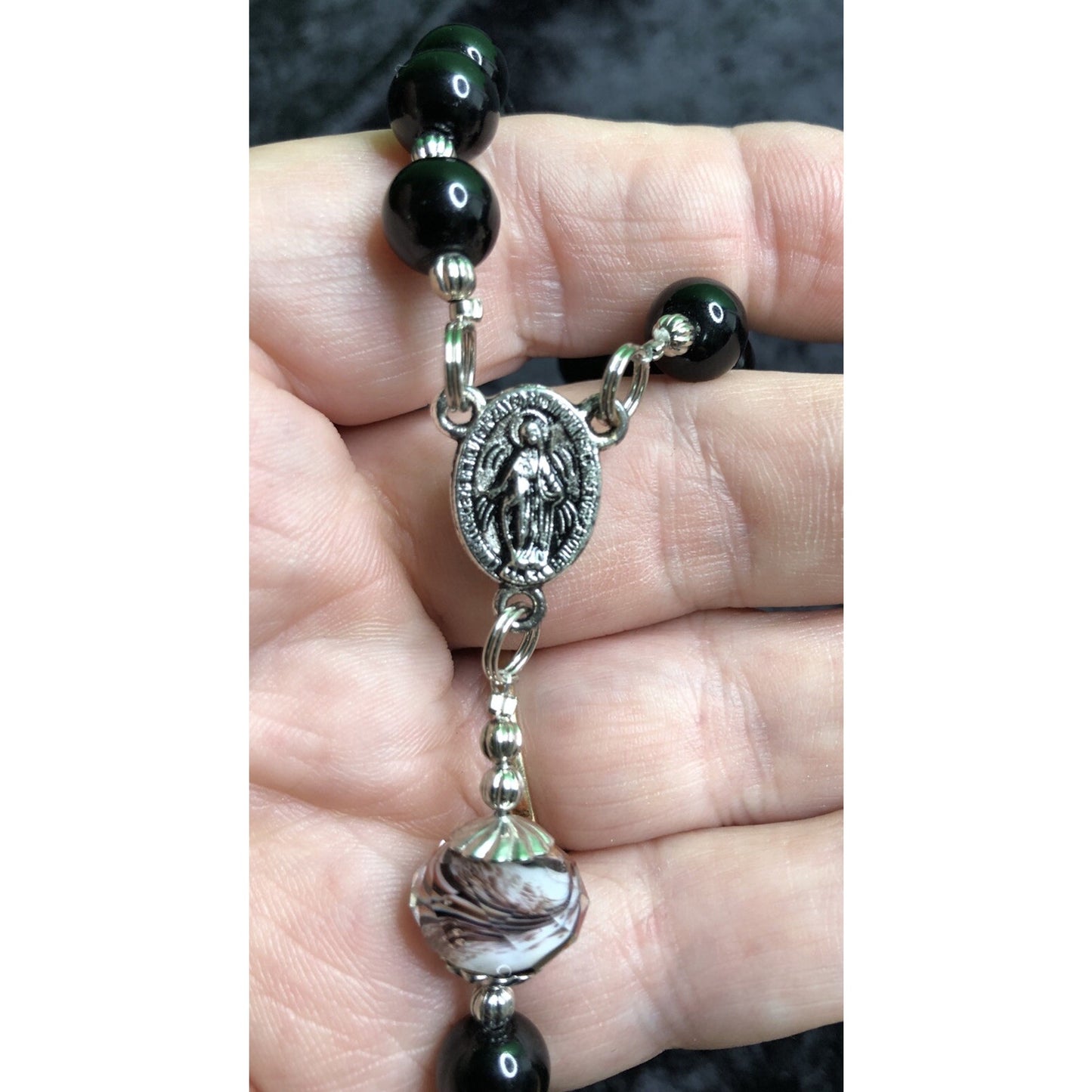 Small Auto Pocket Rosary Glass Beads Italian Charm Cross 7” Long