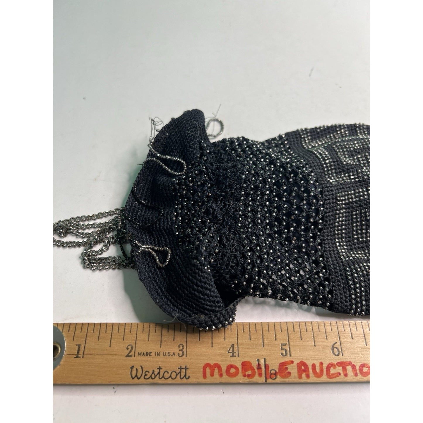 Antique Black & Silver Steel Bead Fringe Flapper Purse Greek Key NEEDS REPAIR