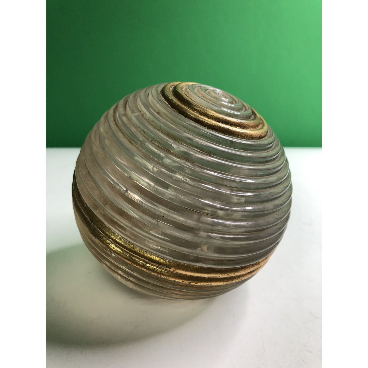 Vintage SOLID GLASS SPHERE Ball Ribbed Gilt MCM Unique Interesting RARE LARGE