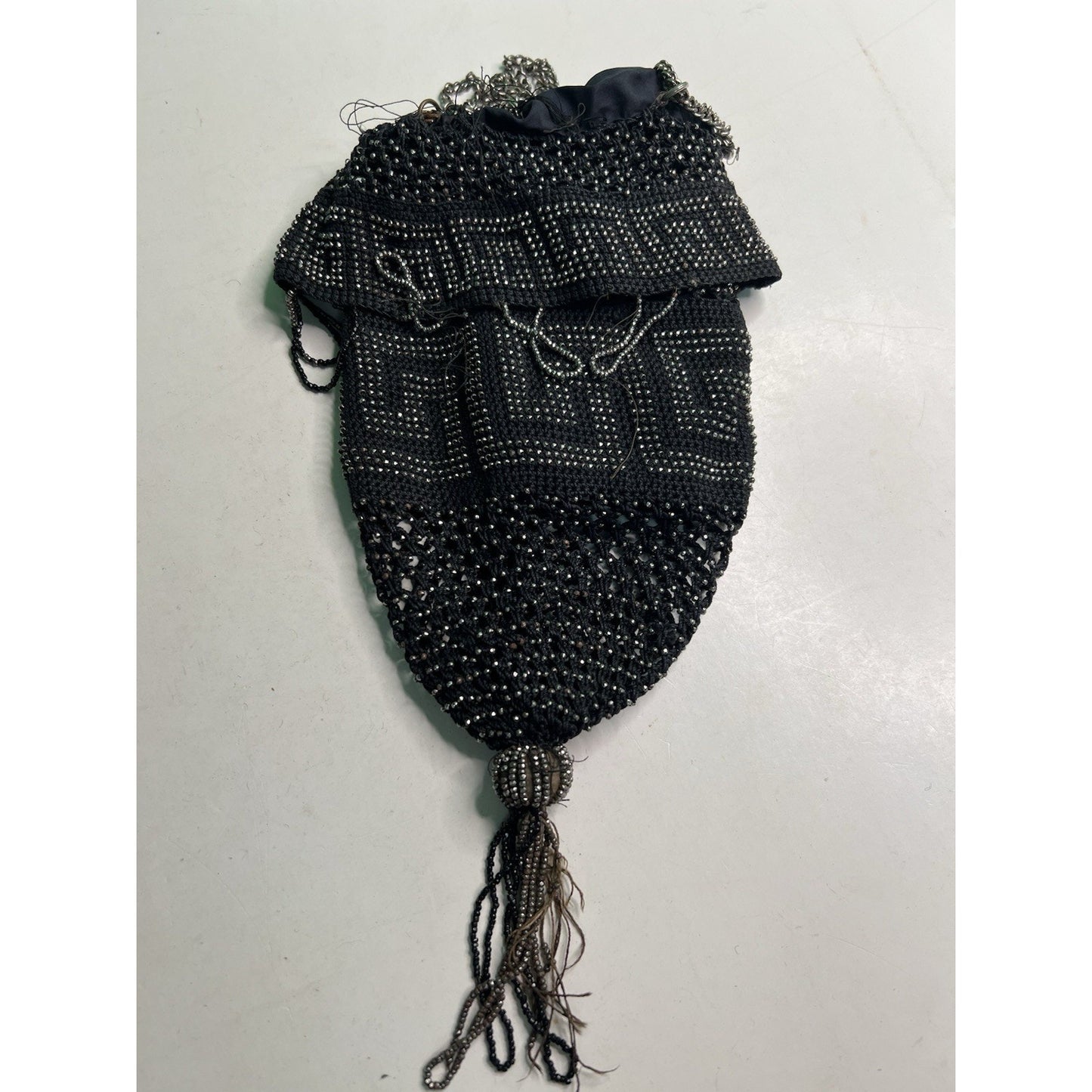 Antique Black & Silver Steel Bead Fringe Flapper Purse Greek Key NEEDS REPAIR