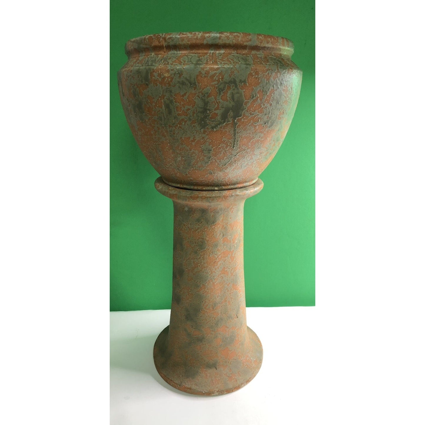 Vintage Burley Winter Large Jardiniere With Pedestal Mottled Orange & Green