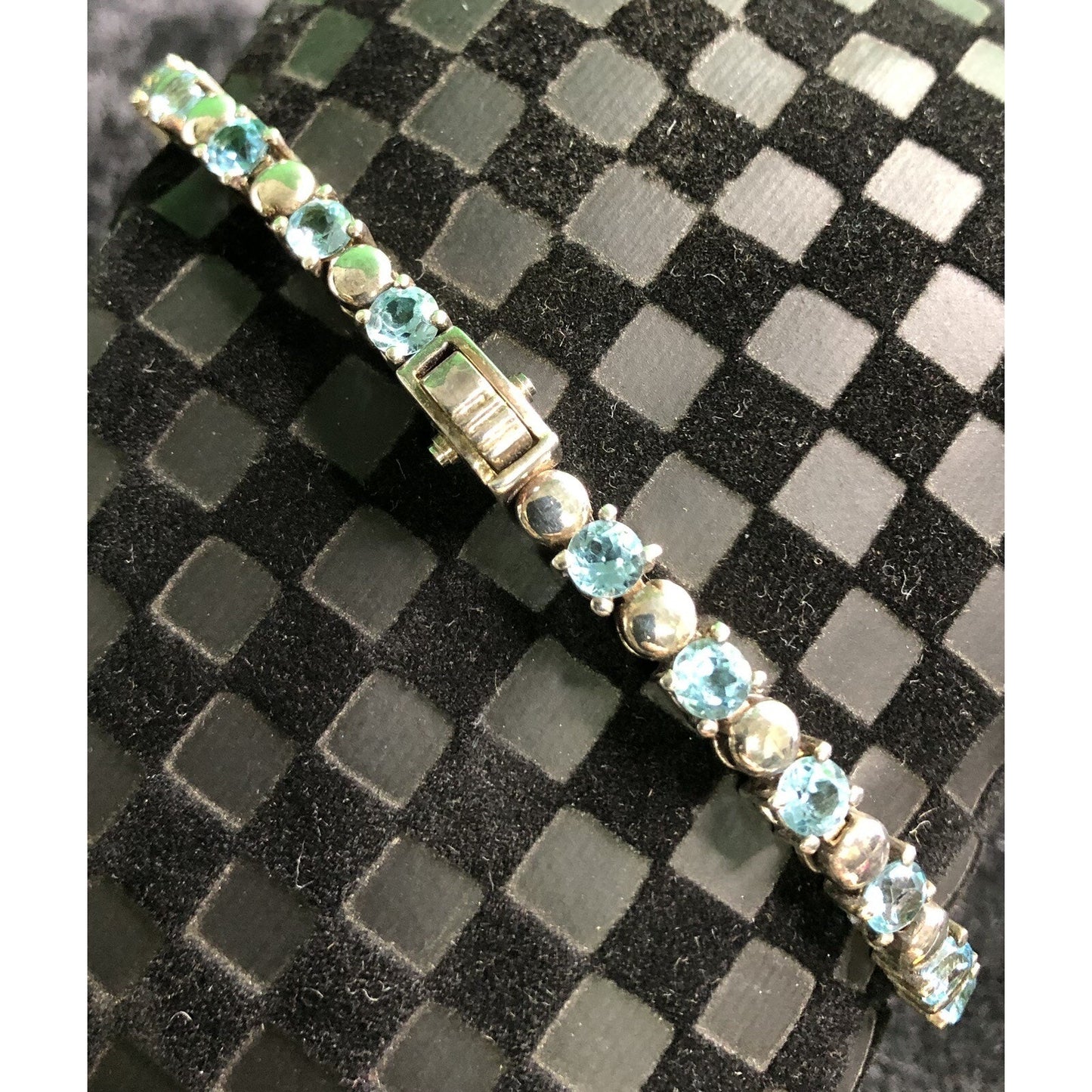 Vintage Blue Topaz Sterling Silver Tennis Bracelet Round Stones 925 Secure Clasp