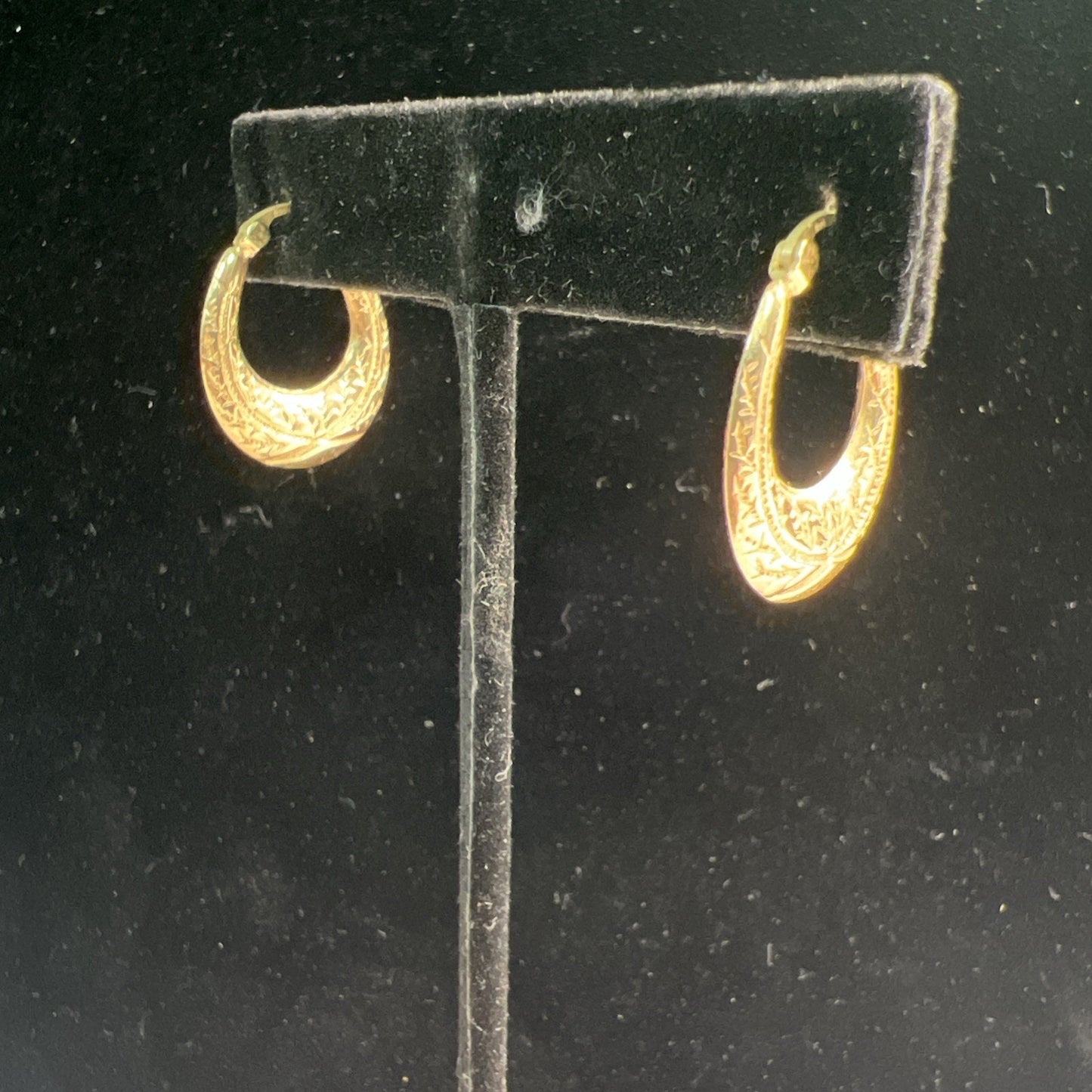 14K Gold Hoop Etched Stamped Earrings - French Lock Hinged Closure