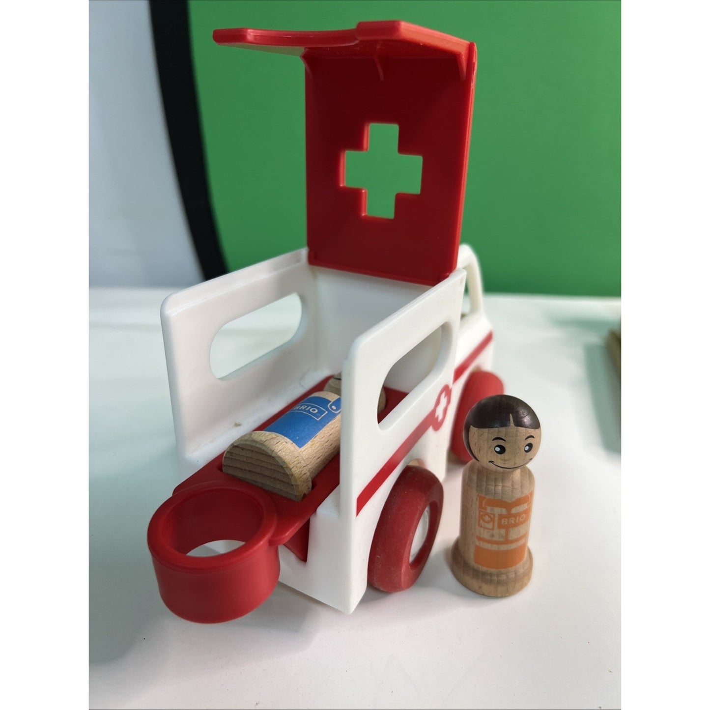 Brio Plastic Red and White Emergency Ambulance Toy Vehicle With Wooden Figures