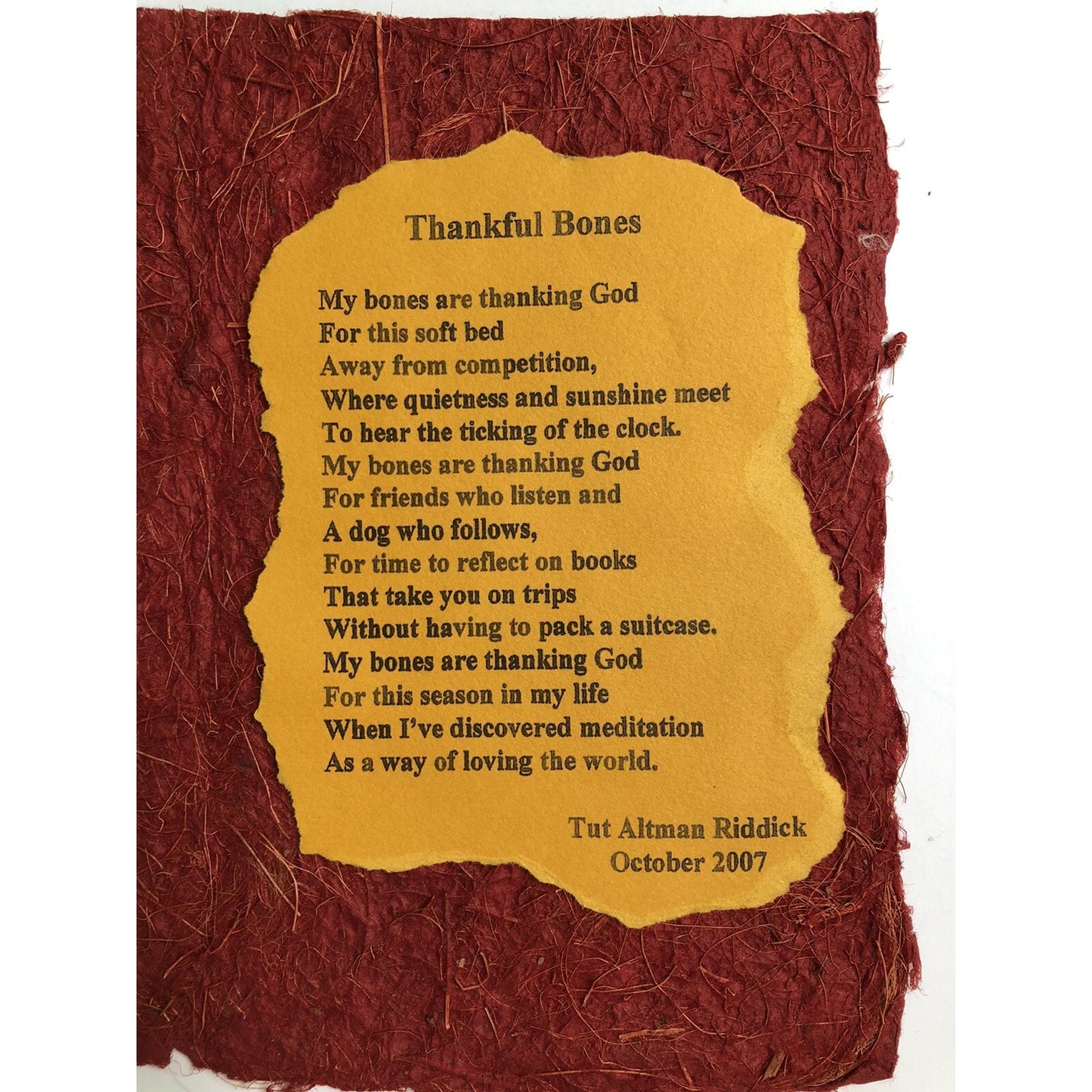 Tut Altman Riddick Poem On Handmade Paper Thankful Bones Mobile Alabama Artist