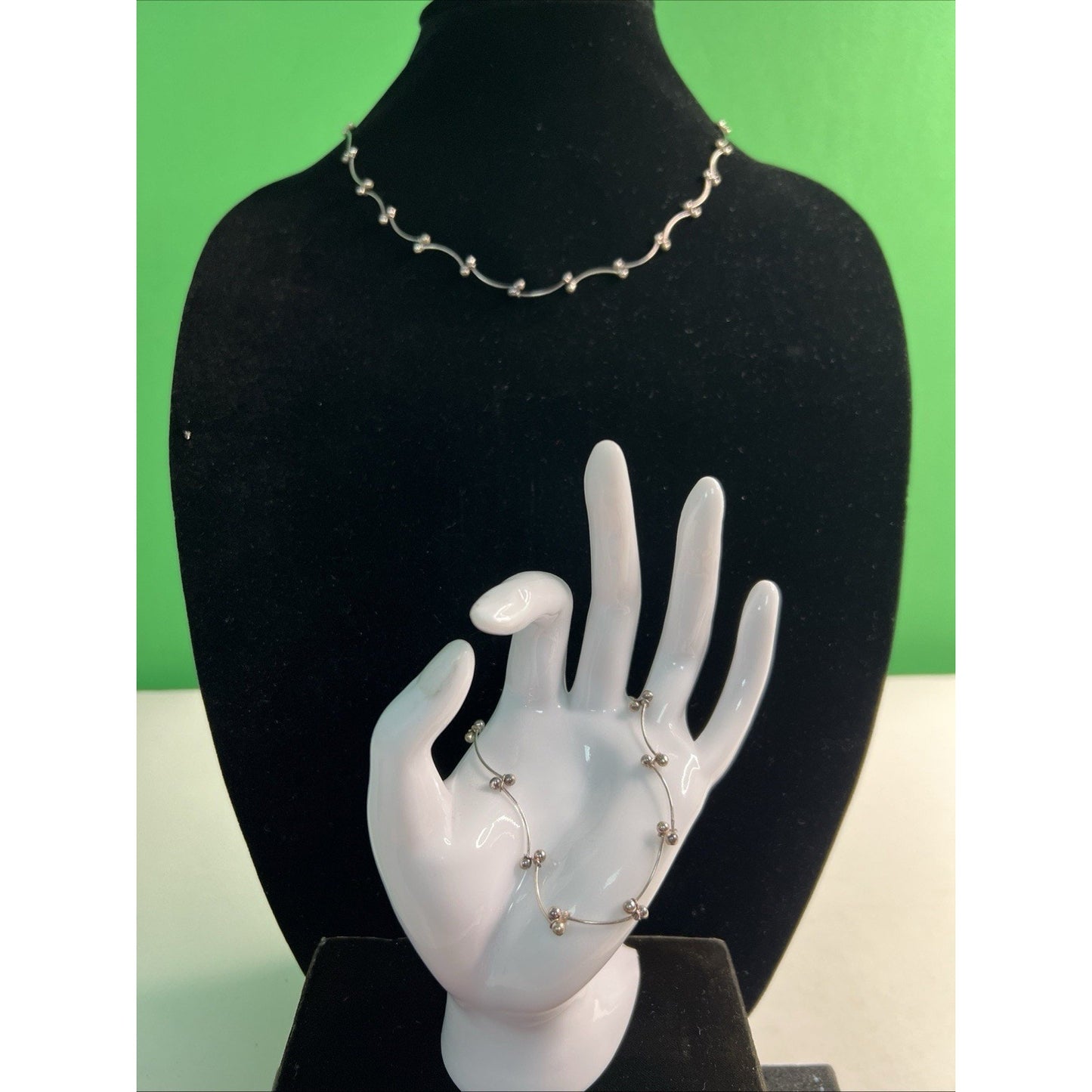 Vintage Sterling Silver Links & Spheres Chain Necklace 16”+2” AND Bracelet 8”
