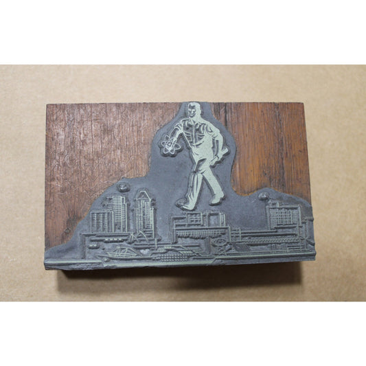 Vintage Illustrated Printing Block, 4"L x 2.5"W x 7/8"H Cityscape Waterfront MCM