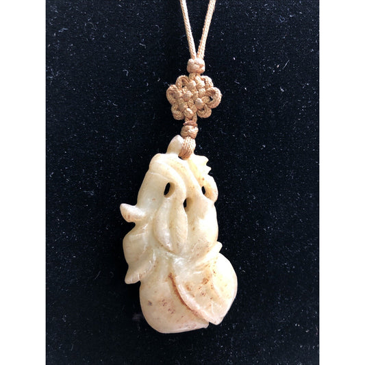 Vintage Carved & Pierced Natural Jade Pendant Hetian Jadeite Yellow Braided Cord