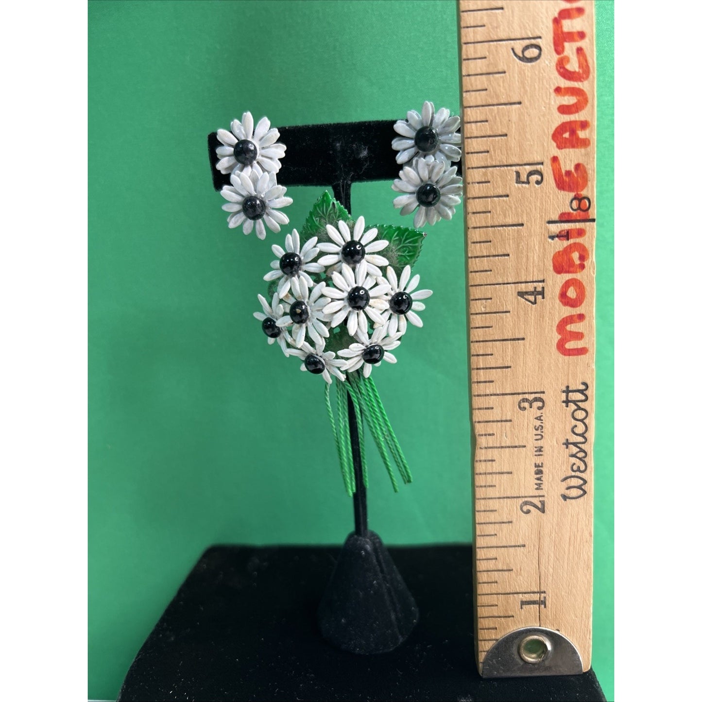 Mid-Century MCM Enamel Daisy Flower Brooch Pin & Clip Earrings Set Vintage