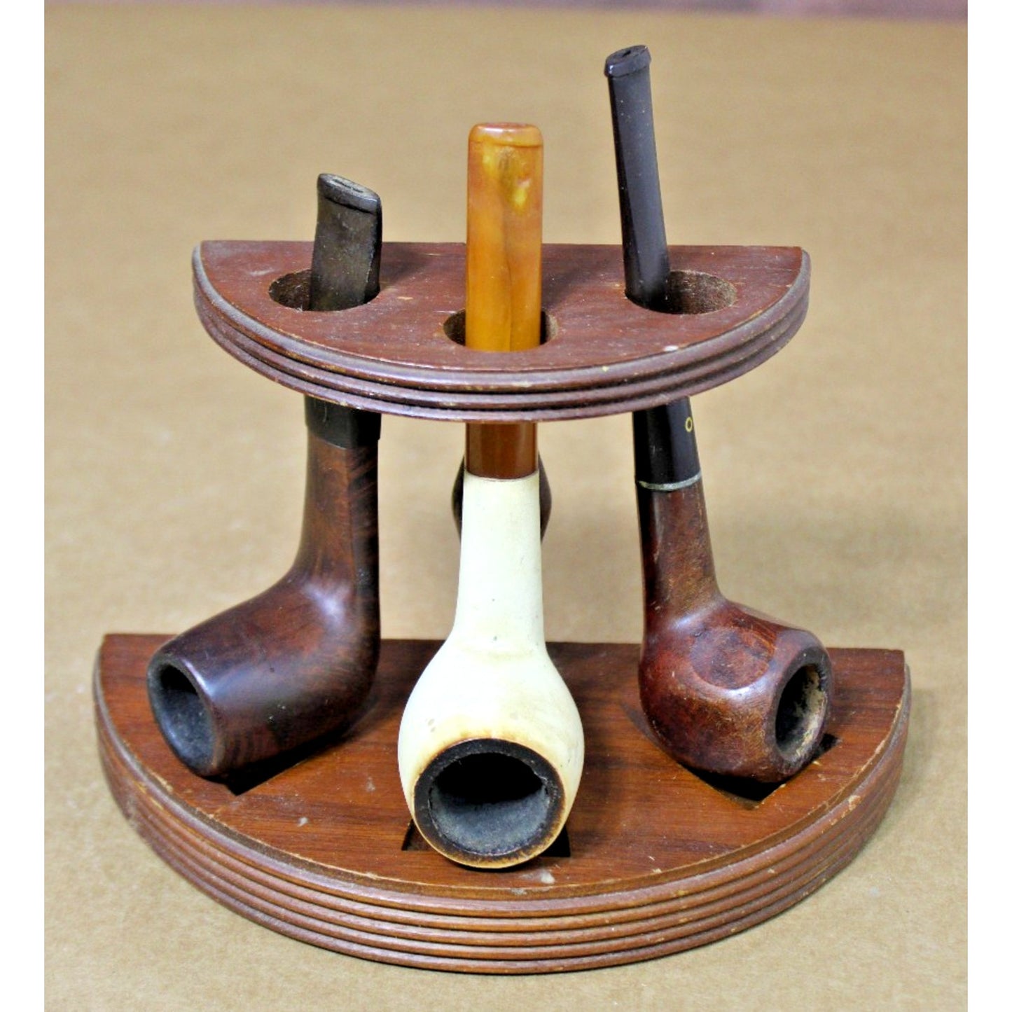 Vintage Pipe Rack + 3 Pipes, GBD London, Yello Bole, Mid-Century Bakelite Stem