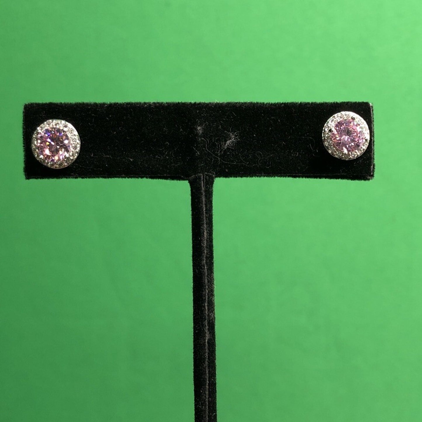 Pair Of Fashion Earrings Pink Center Stone Surrounded By Clear Stones