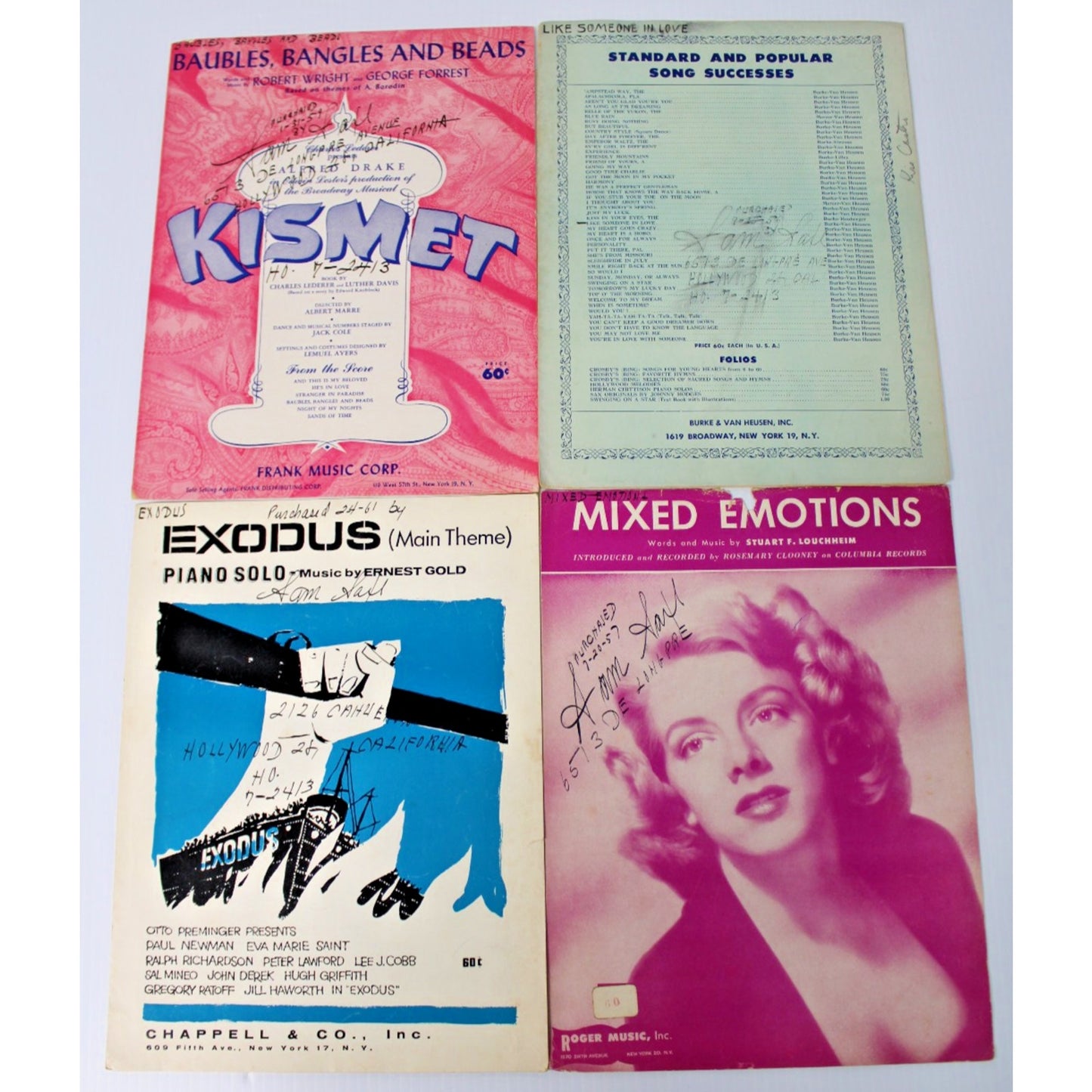 4 Vintage Pc. Sheet Music, Signed & Dated Hollywood, CA, 1950s, Professional