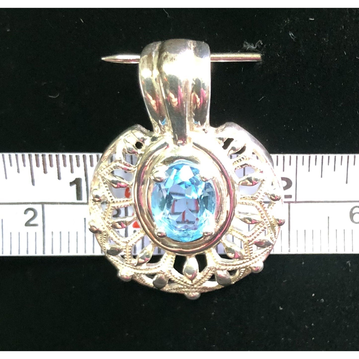 Openwork Filigree Blue Topaz Pendant Signed CNA Sterling Silver 925