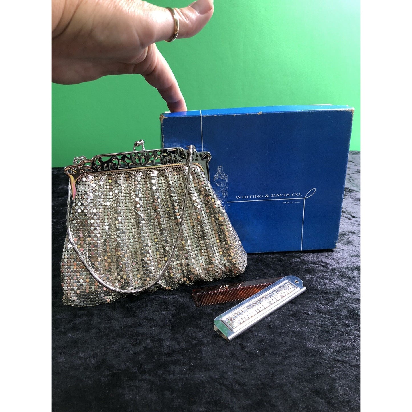 Vintage Set Whiting & Davis Silver Mesh Purse Kiss Lock w/ Box & Folding Comb