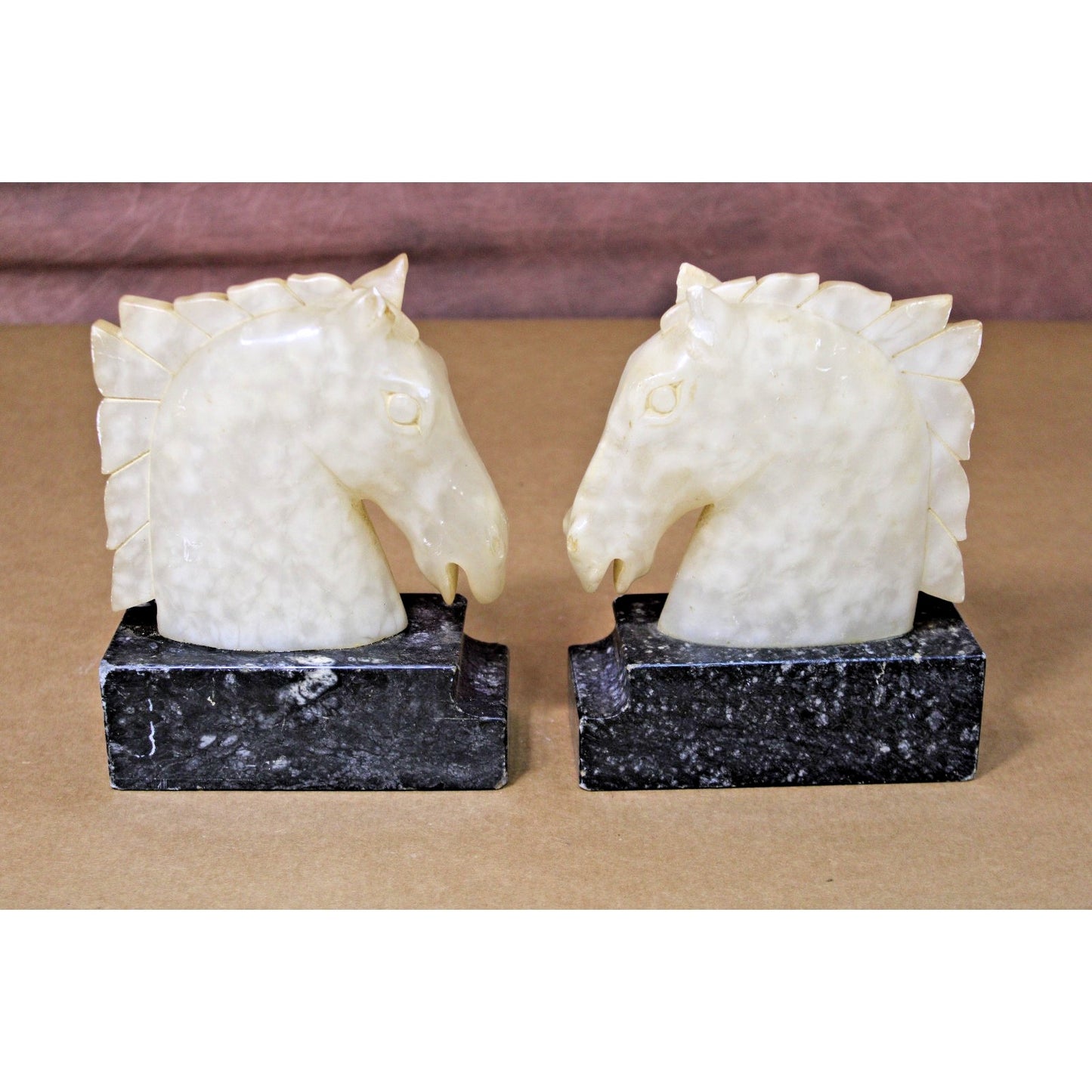 Vintage Heavy Carved Stone & Marble Book Ends, Horse Head, Figural, 7" H