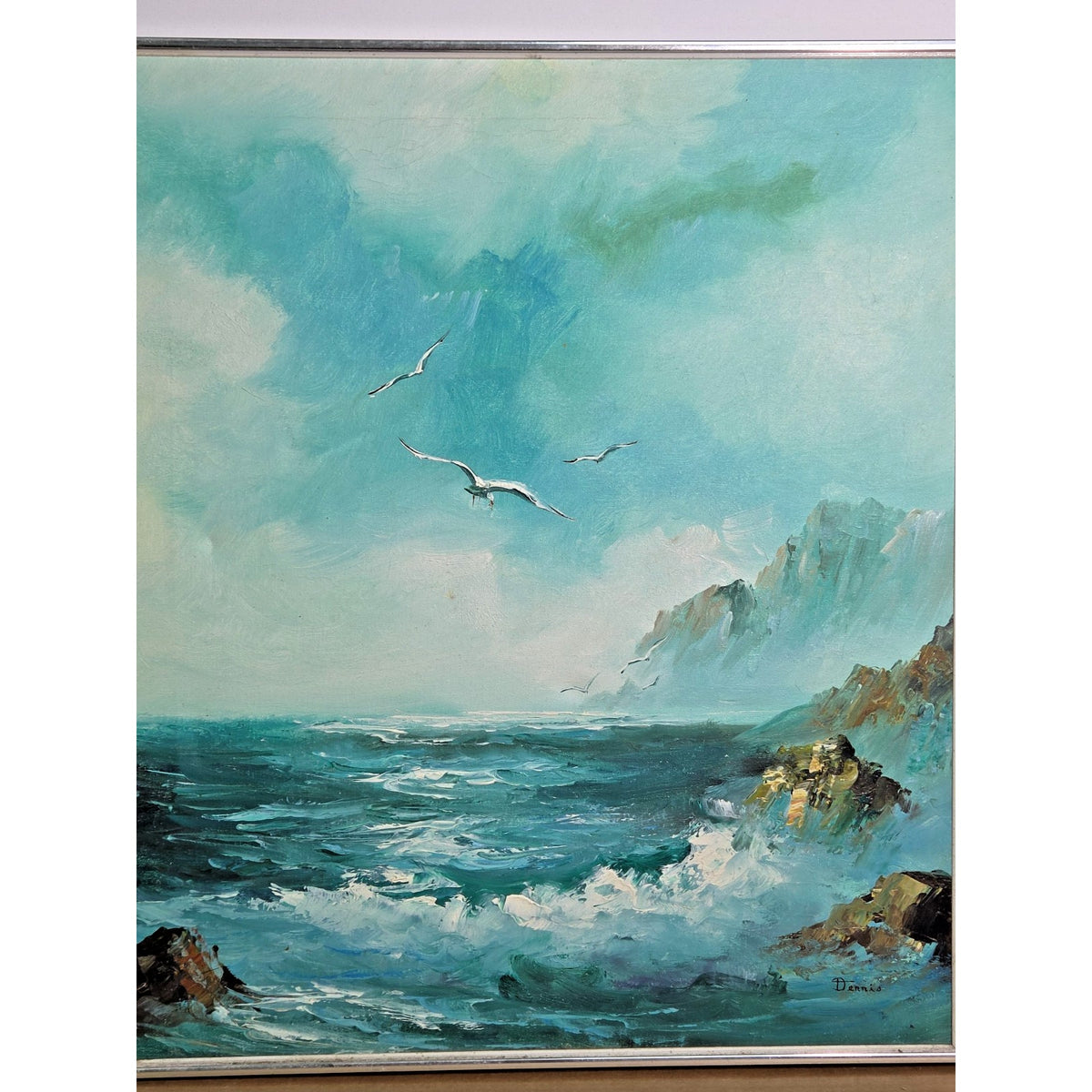 Vintage Impasto Seascape Painting Signed Dennis Mid-Century Silver Frame
