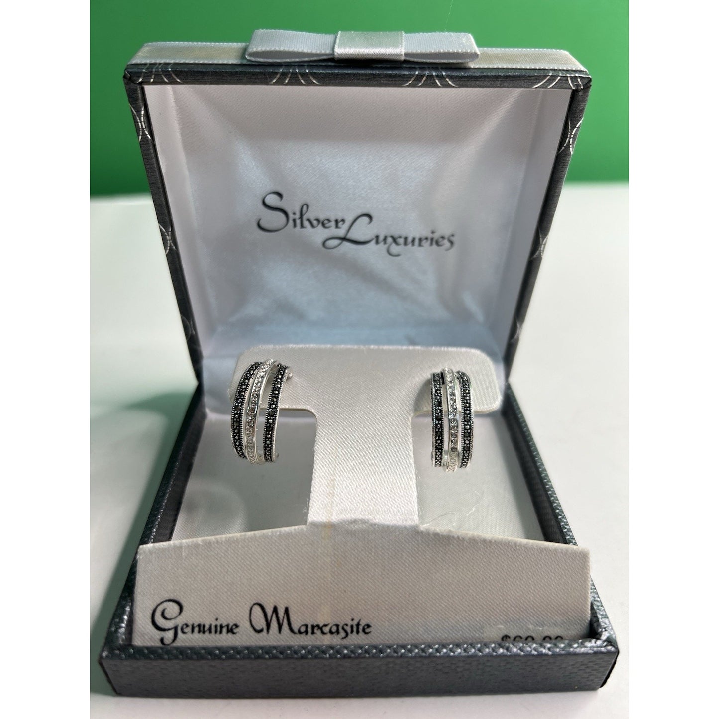 Silver Luxuries Silver Plated Hoop Earrings Genuine Marcasite New In Box