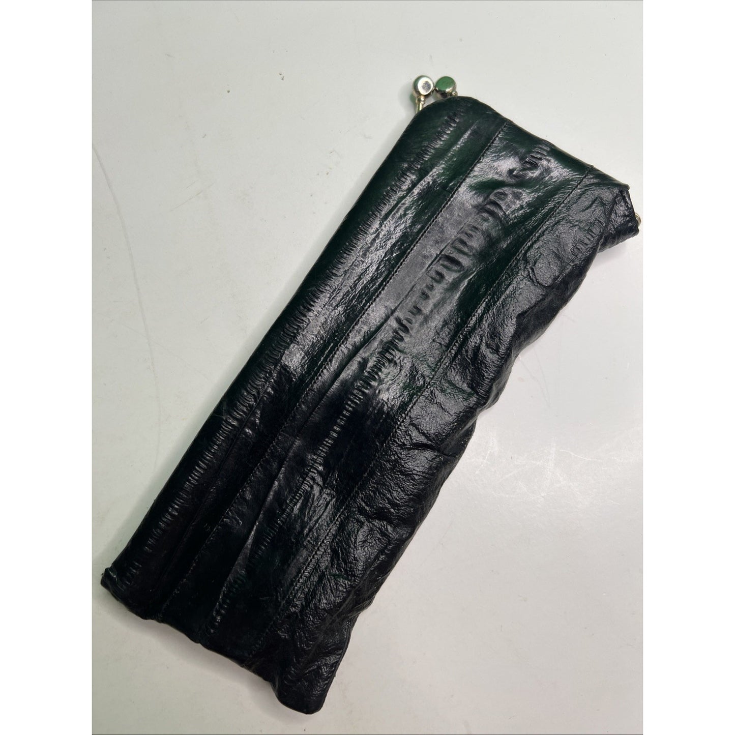 Genuine Eel Skin Wallet Eye Glass Case Long Black Vintage Kiss Lock Velvet Lined