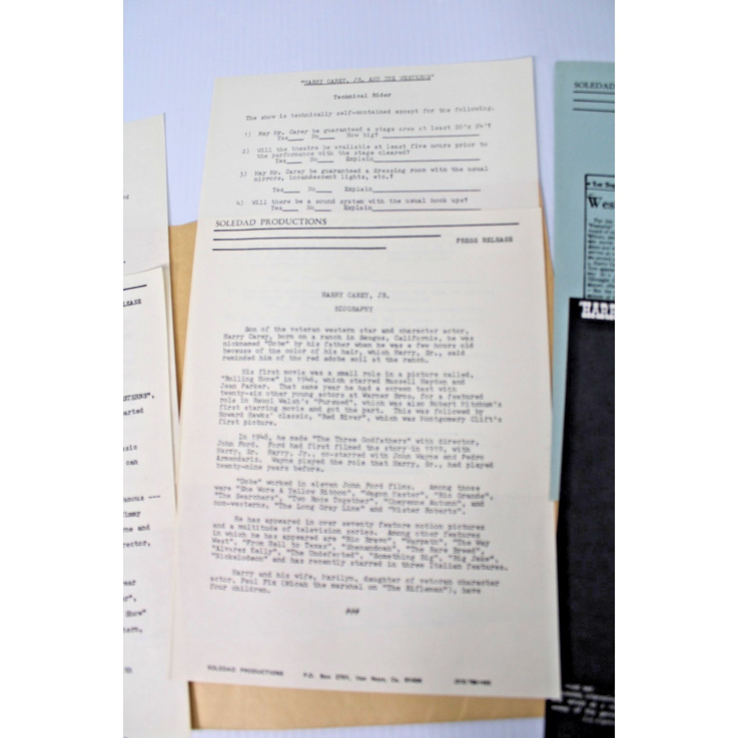 Harry Carey, Jr. & the Westerns Media Kit 1978 One Man Show Rider, Press Release