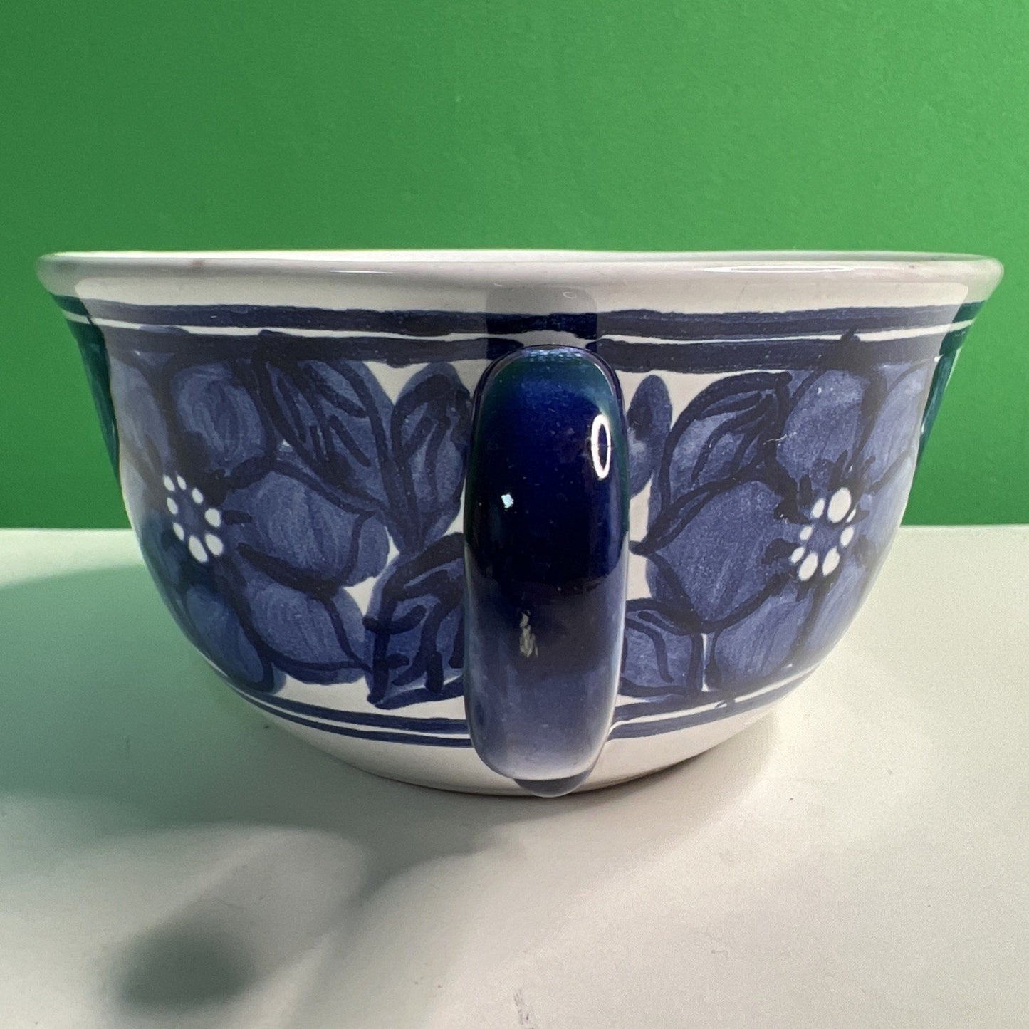 Vintage Stoneware Double Handle Blue & White Floral Hand Painted SOUP BOWL