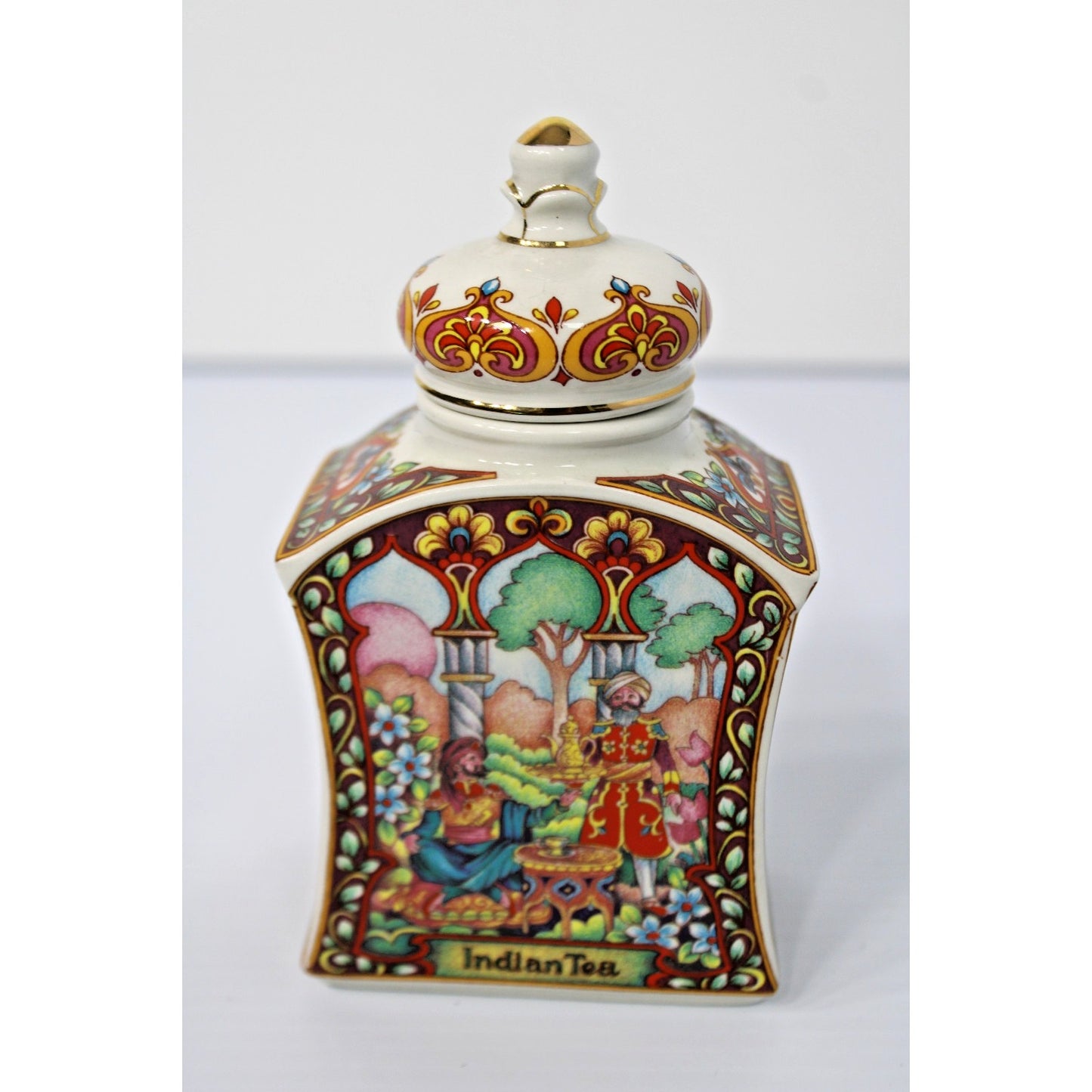 Vintage James Sadler Staffordshire England Indian Tea Caddy Box w/ Lid Porcelain
