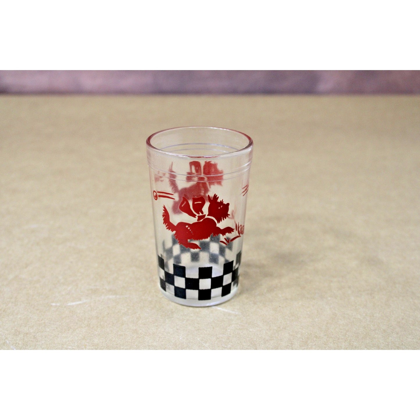 Vintage Mid Century Playful Scotty Dog Juice Glass Checkerboard Pattern 3.5"H