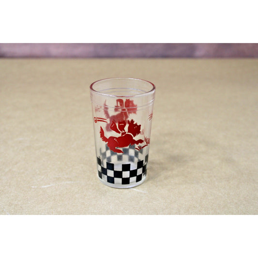 Vintage Mid Century Playful Scotty Dog Juice Glass Checkerboard Pattern 3.5"H