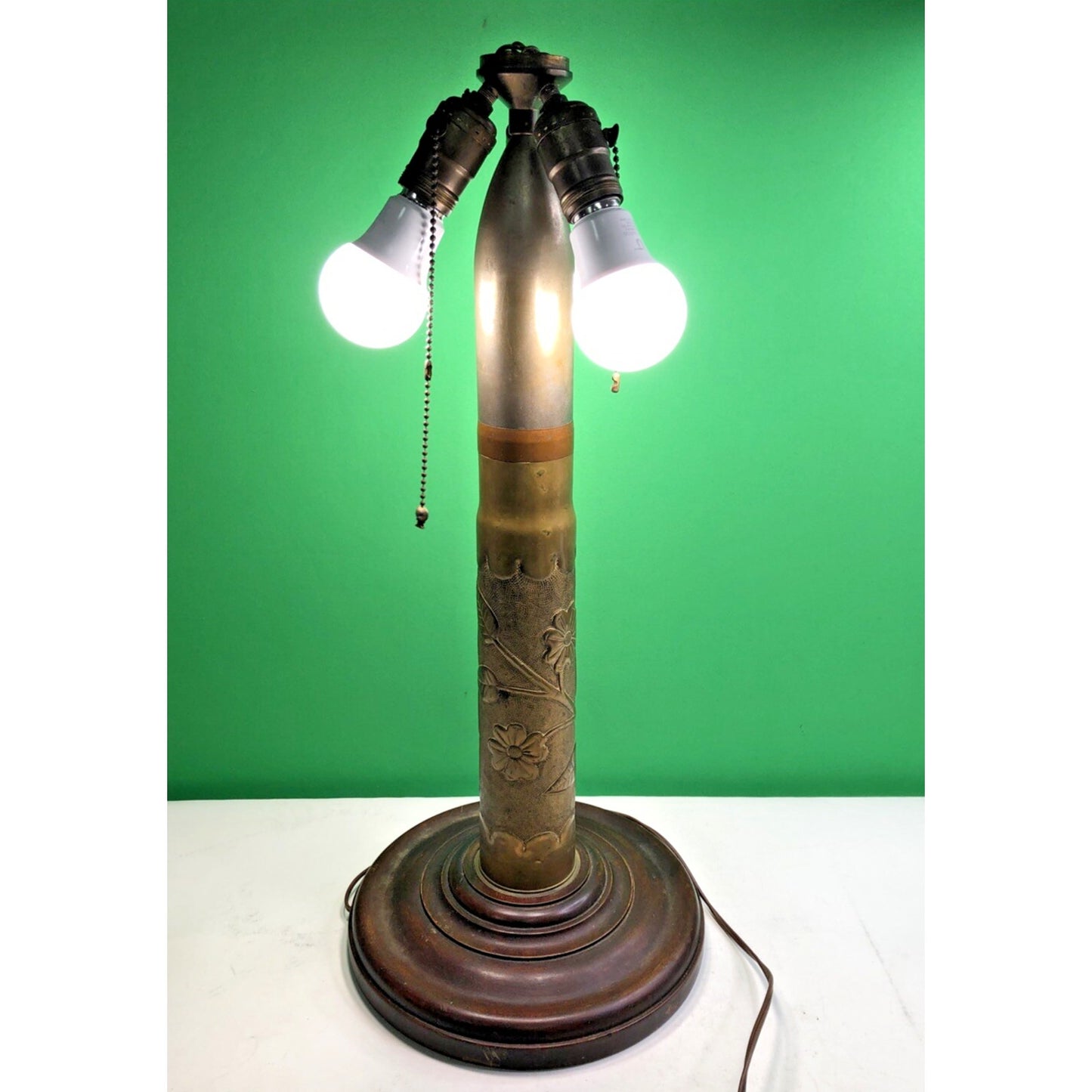 Trench Art Etched Artillery Shell Table Lamp, 3 Light, Wood Base 23” H - Works