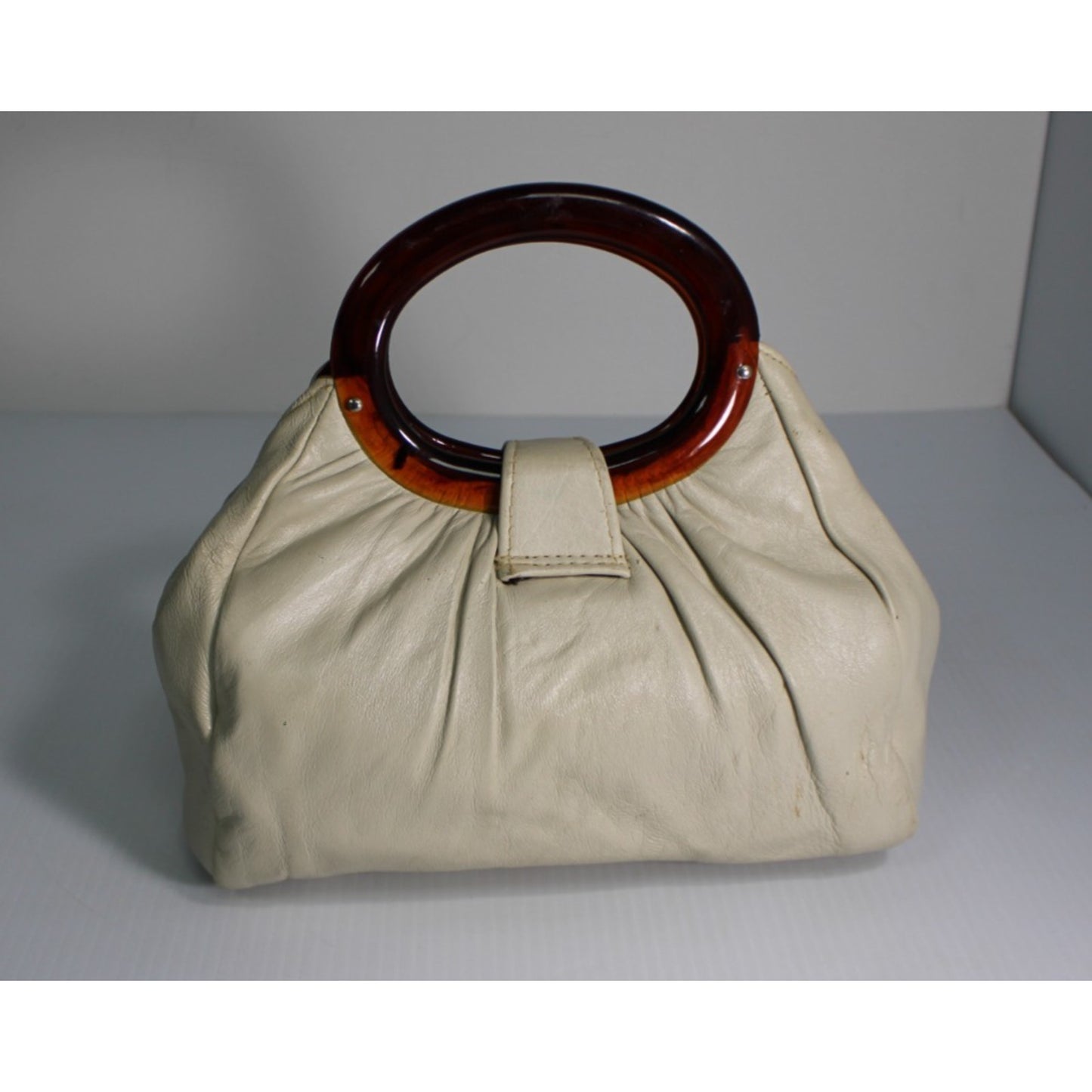 Vintage Andé Cream Slouchy Genuine Leather Handbag Lucite Tortoiseshell Handles