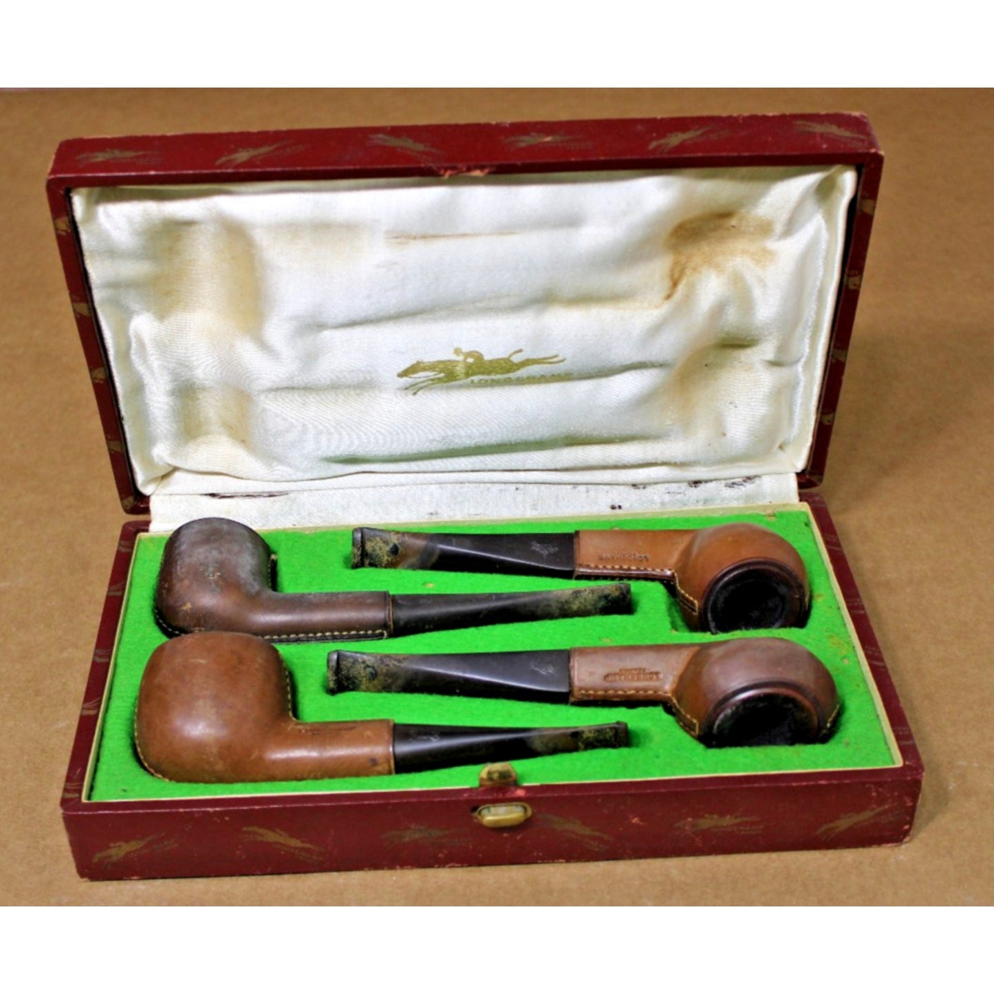 4 Vintage Longchamp Leather-Clad Pipes in Keepsake Box, All Marked