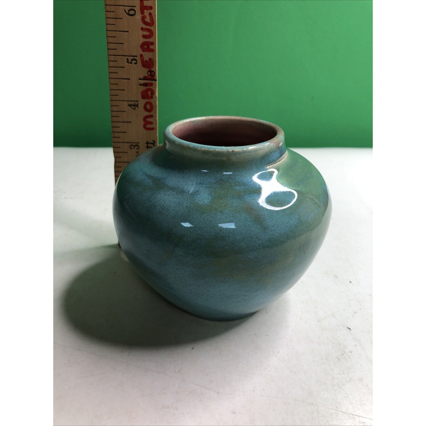 Vintage 1951 Stephen NC Pottery Cabinet Vase Blue Green Glaze Pink Interior