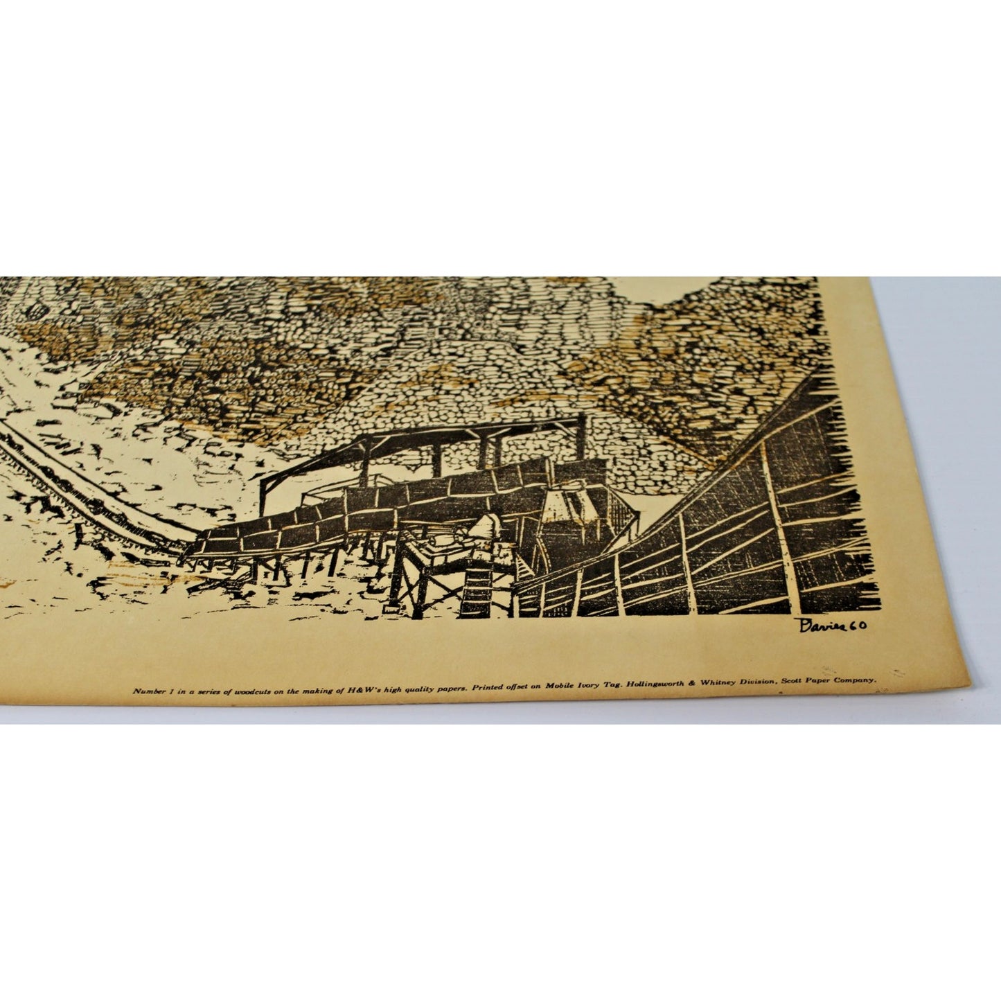 Vintage Woodcut by Ted Davies- Scott Paper Co. Woodyard- Mobile, AL 14" x 11.25"