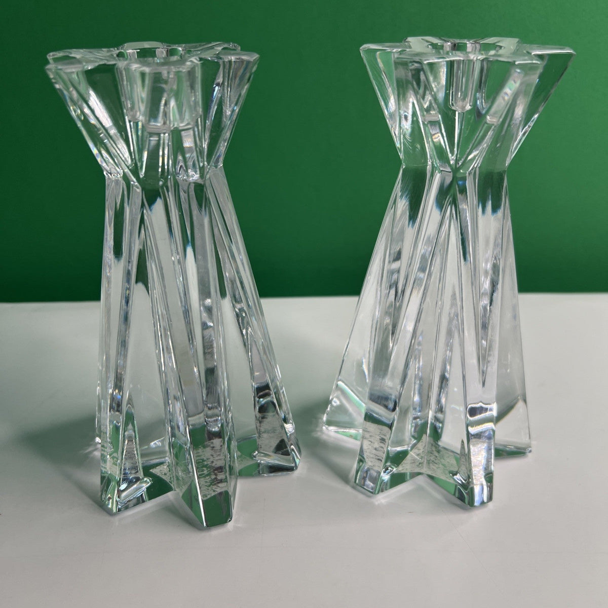 Vtg Pair Lenox Ovations Starfire Crystal Candlestick Holders Geometric Star Cut