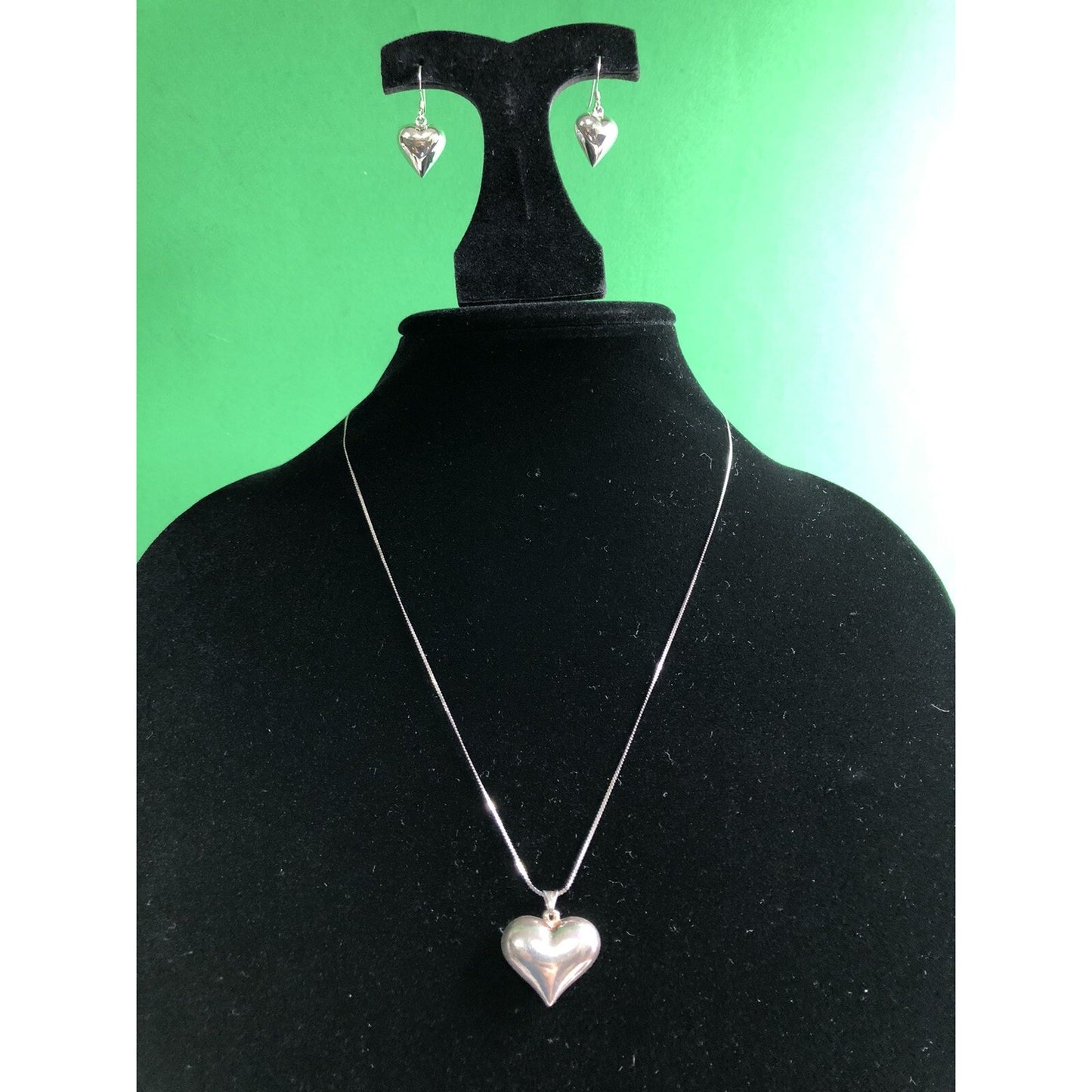 Vintage Set Sterling Silver Serpentine NECKLACE Puffed Heart PENDANT & EARRINGS