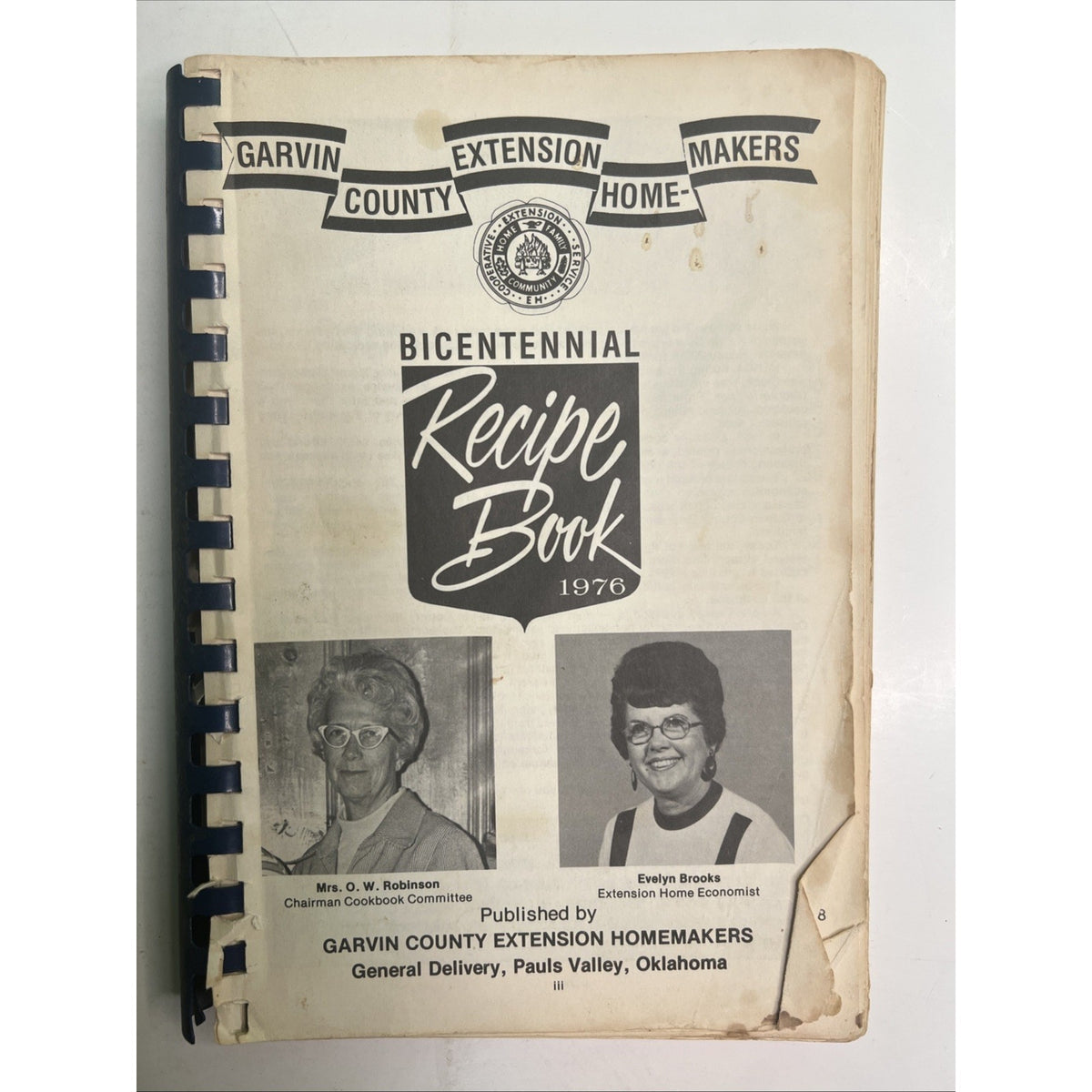 1976 Garvin County Extension Homemakers Bicentennial Recipe Cookbook OK