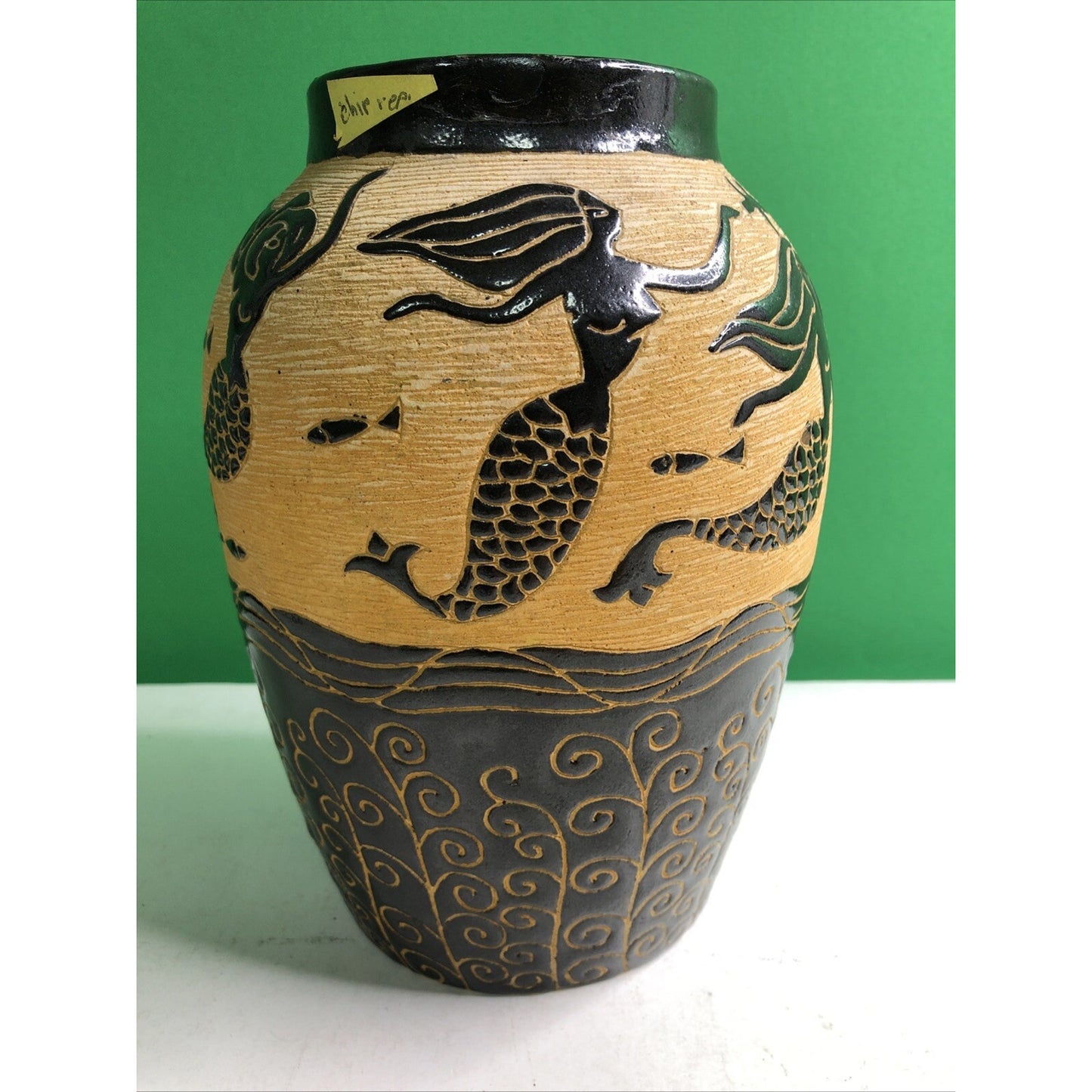 Beautiful MERMAID Vase Sgrafitto Studio Art Pottery Rich Brown Cream Orange