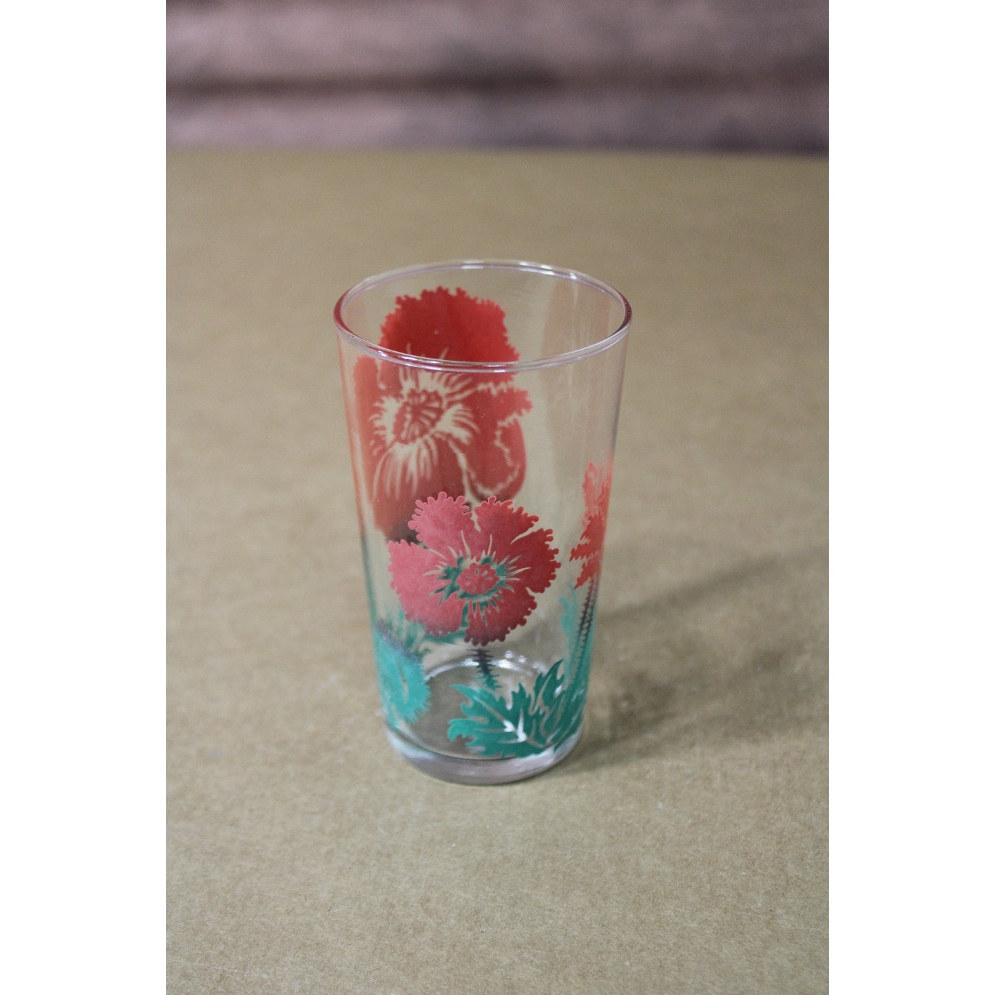Vintage MCM Federal Glass Juice Cup, Red & Green Ombre Floral, 4.75"H