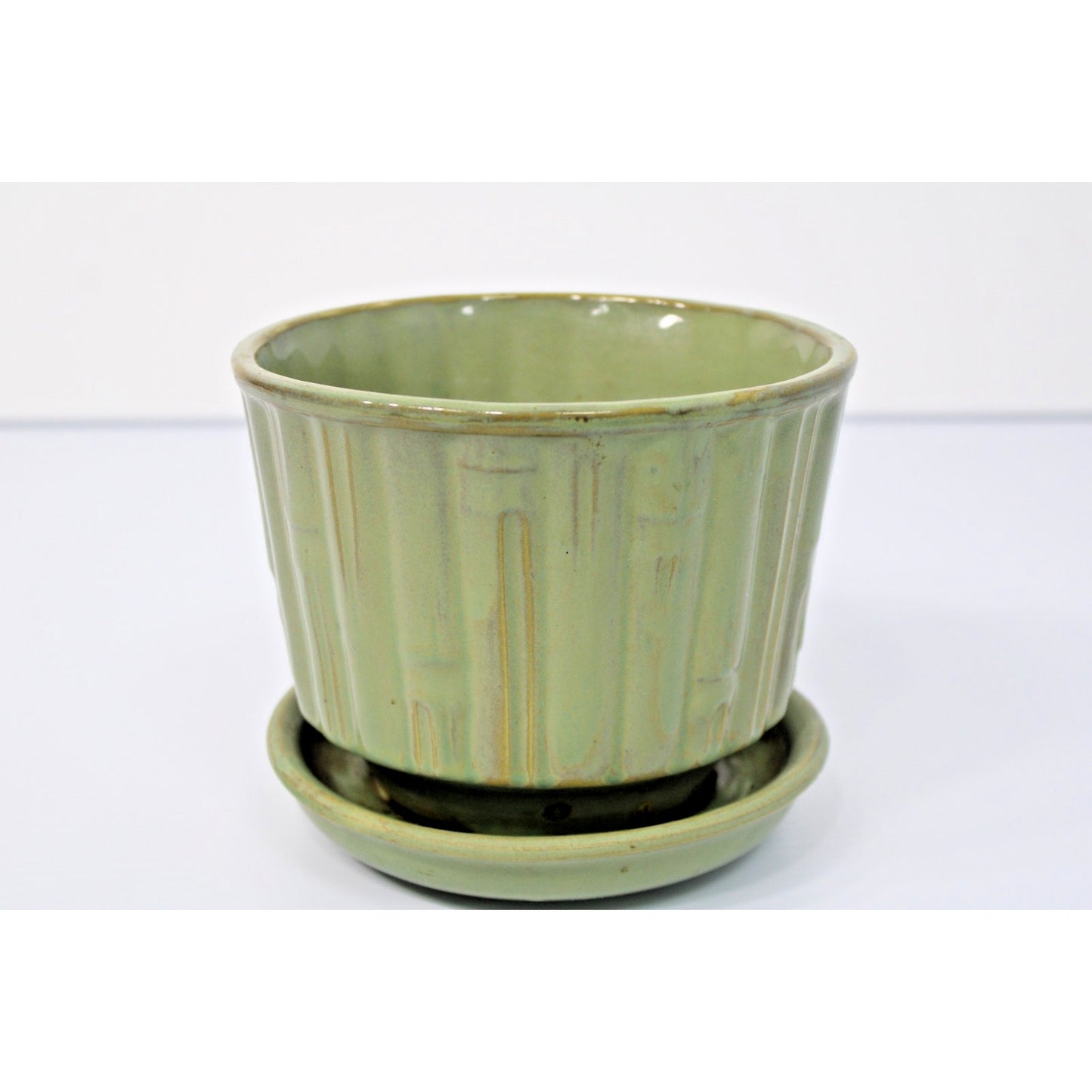Vintage McCoy Pottery Green Faux Bamboo/ Tiki 6.5" Planter w/ Saucer #0374 USA