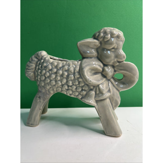 Vintage McCoy Art Pottery Nursery Curly Sheep Lamb With Bow Bells Planter Grey