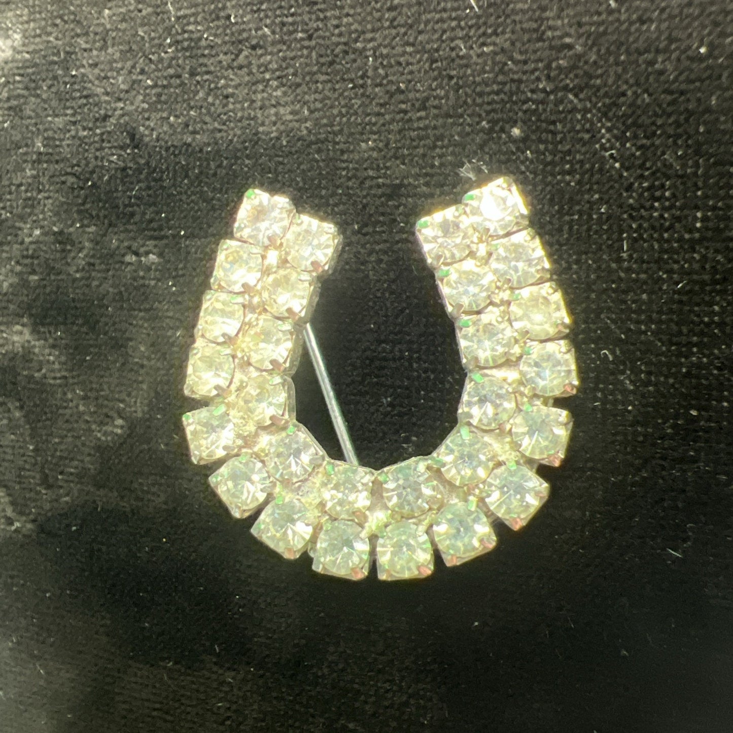 Vintage Horeshoe Lapel Scarf Brooch Pin Rhinestones Costume Jewelry 1” Wide