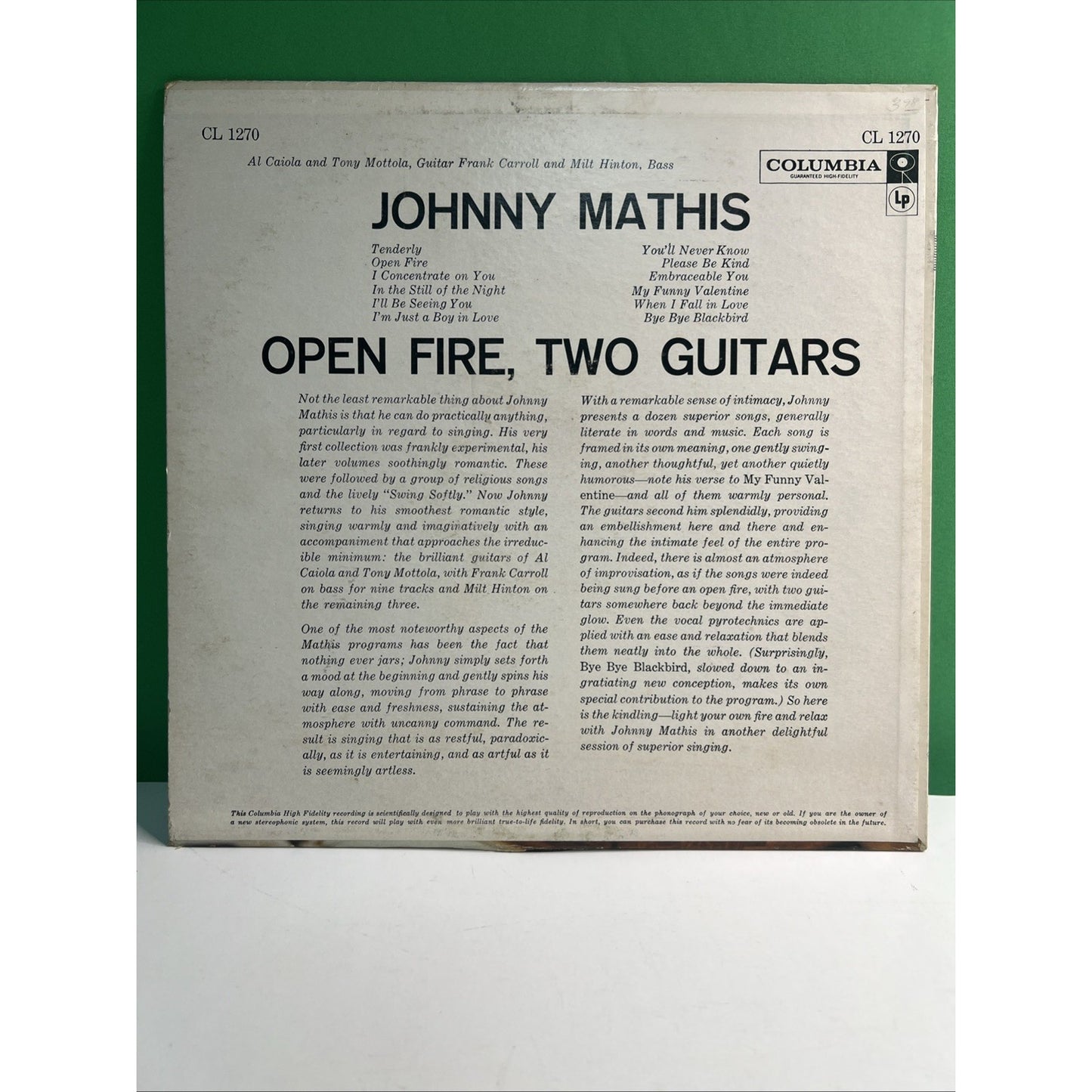 Vintage Johnny Mathis LP Open Fire Two Guitars Columbia CL 1270 Jazz Pop 1959