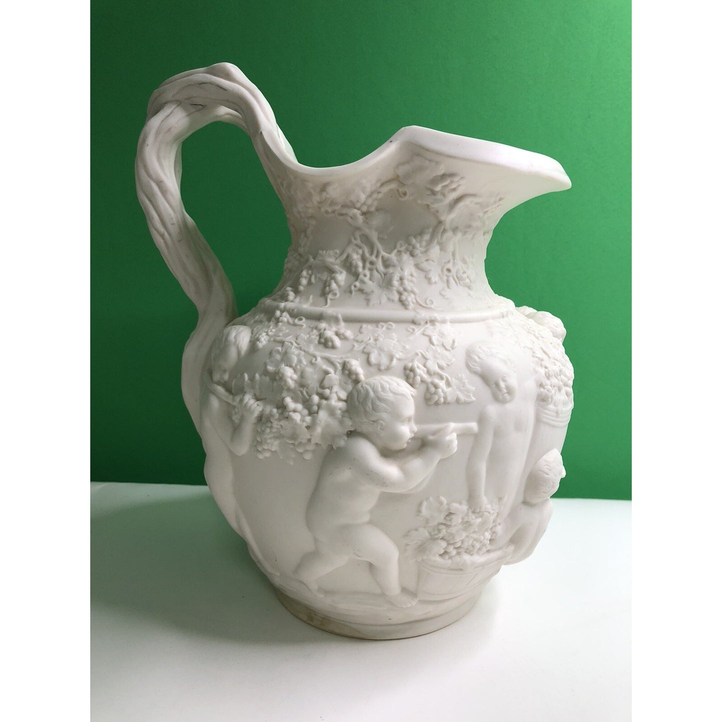 Antique Copeland Parian Ware Pitcher Jug Putti Relief Motif With Grapes Cherubs